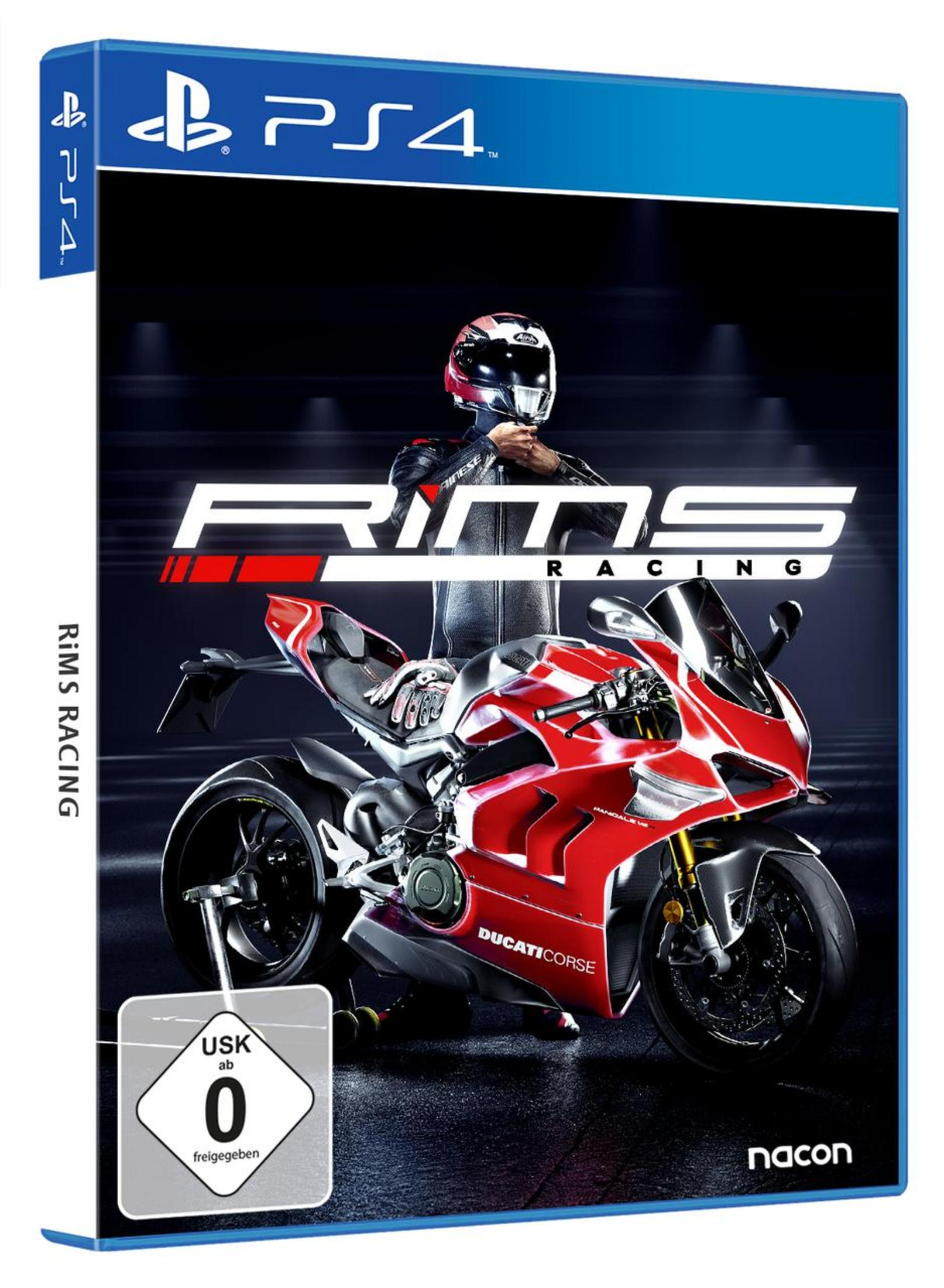 PS4-Spielcover: RIMS RACING, mit Motorrad und Fahrer, mit schwarzem und rotem Design.