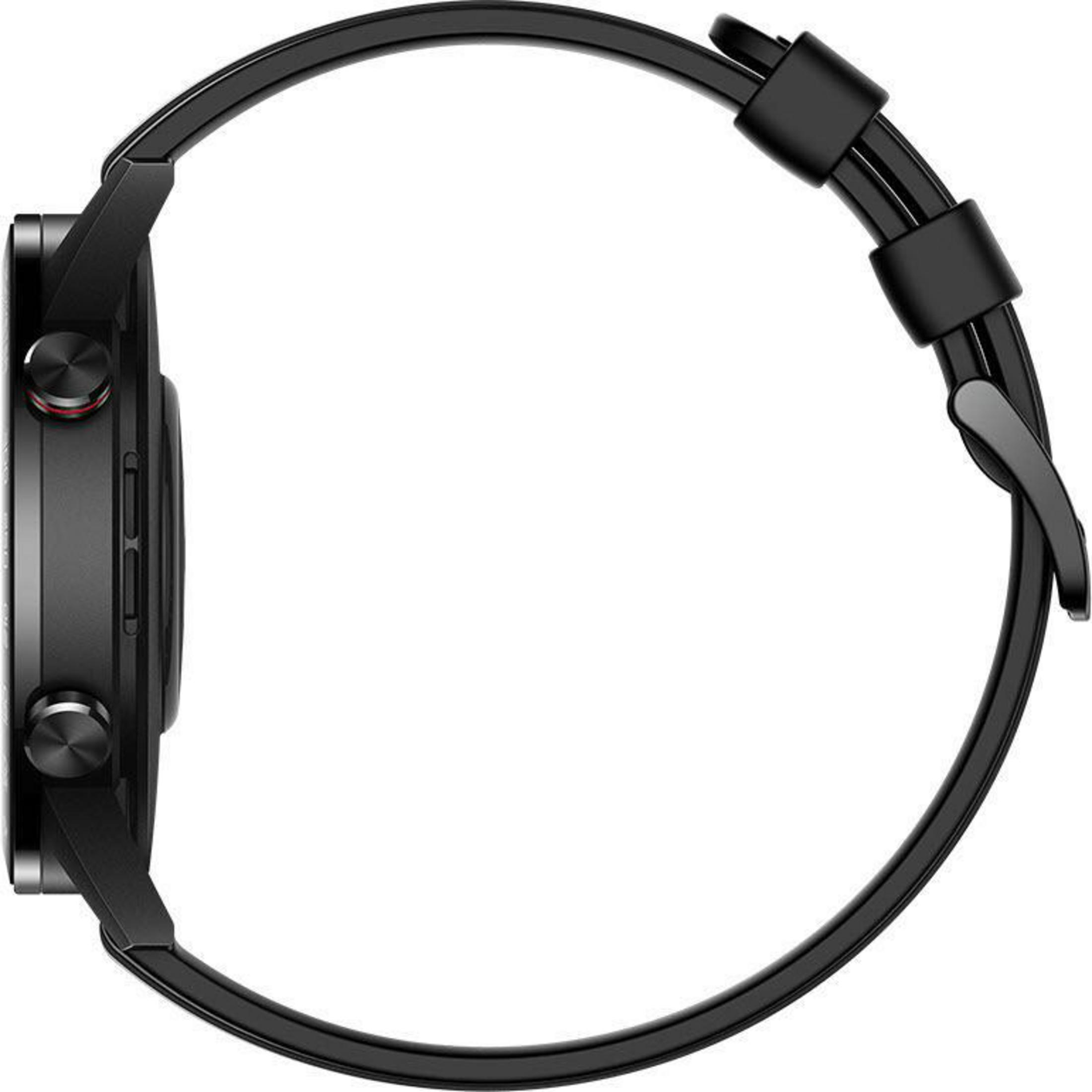 Seitenansicht einer schwarzen Smartwatch mit schwarzem Armband. Der Bildschirm zeigt Gesundheitsmetriken an.