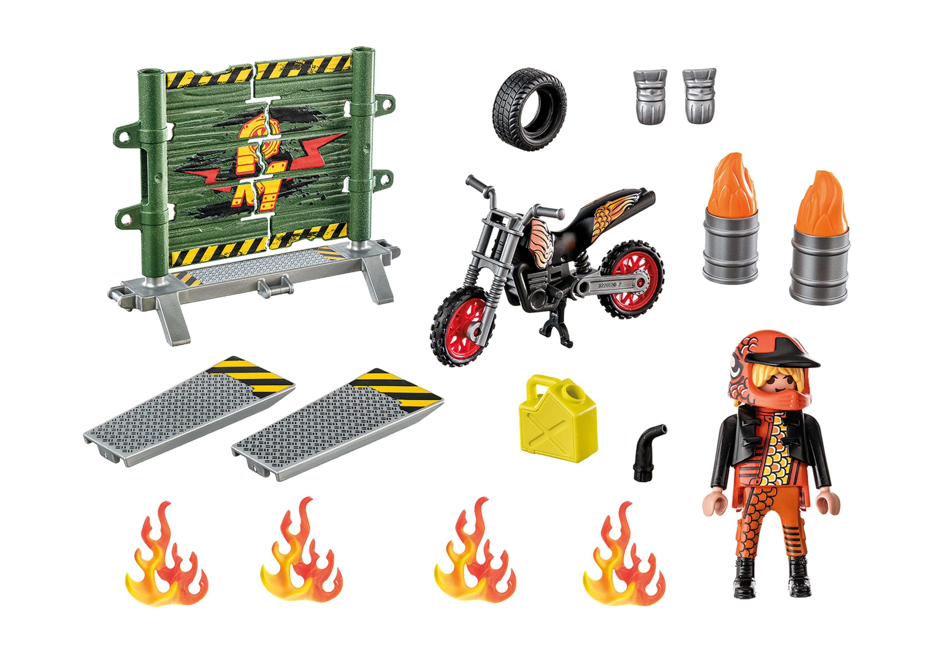Playmobil-Set mit Motorrad, Rampe und Stuntman-Figur.