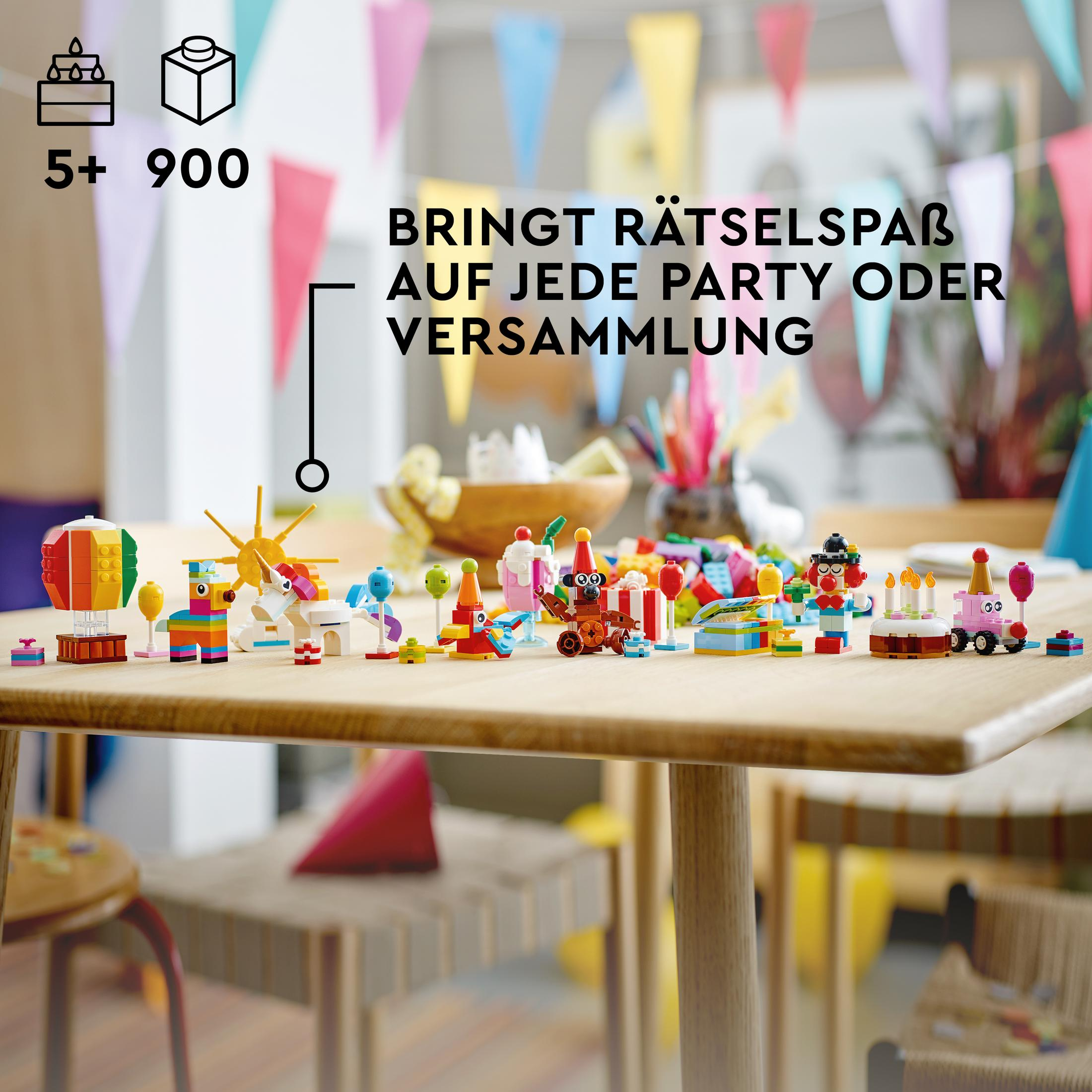 Een tafel met een Lego set, met de tekst 'BRINGT RÄTSELSPAB AUF JEDE PARTY ODER VERSAMMLUNG' erop.