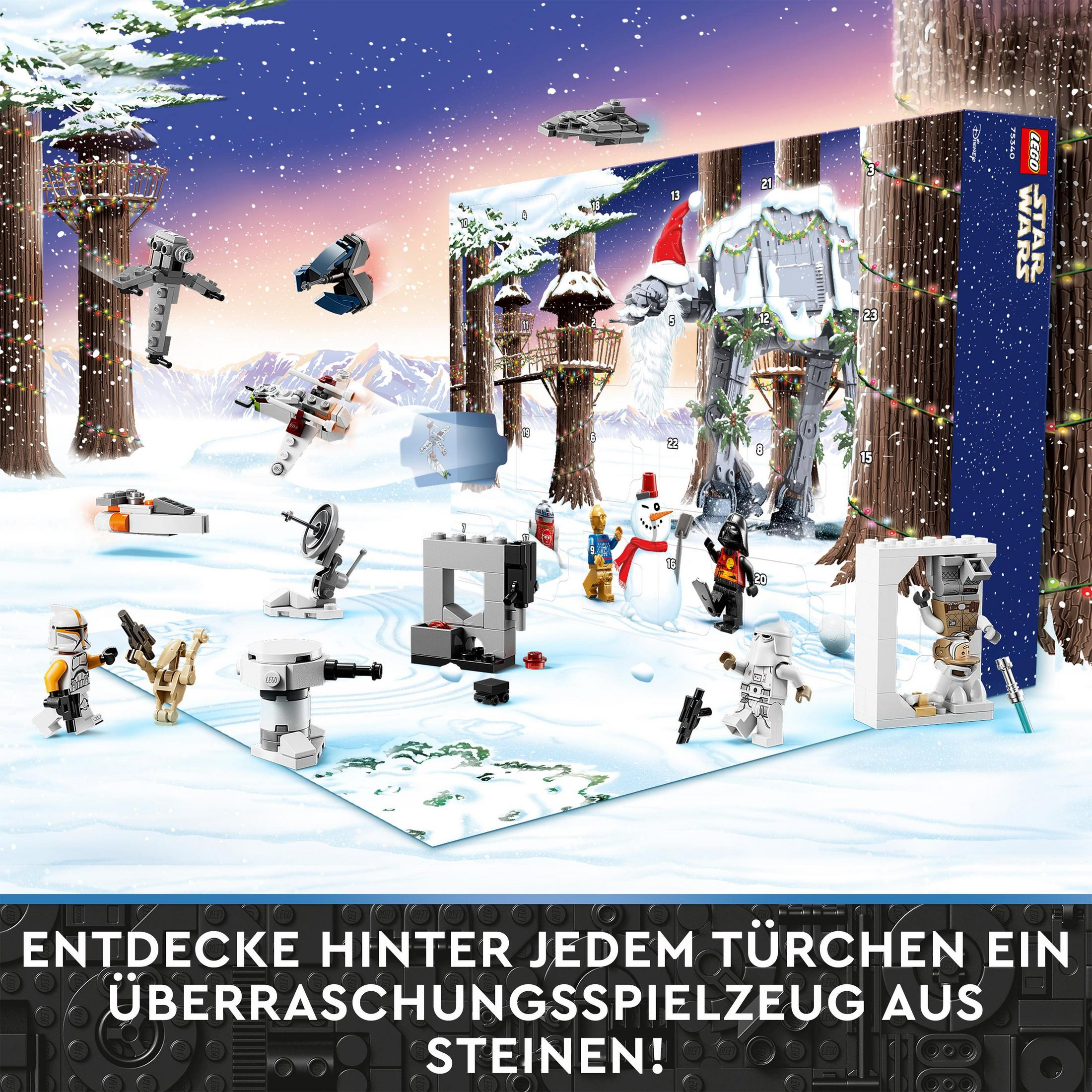 Çeşitli minifigürler ve kış manzarası içeren bir Lego Star Wars advent takvimi seti.