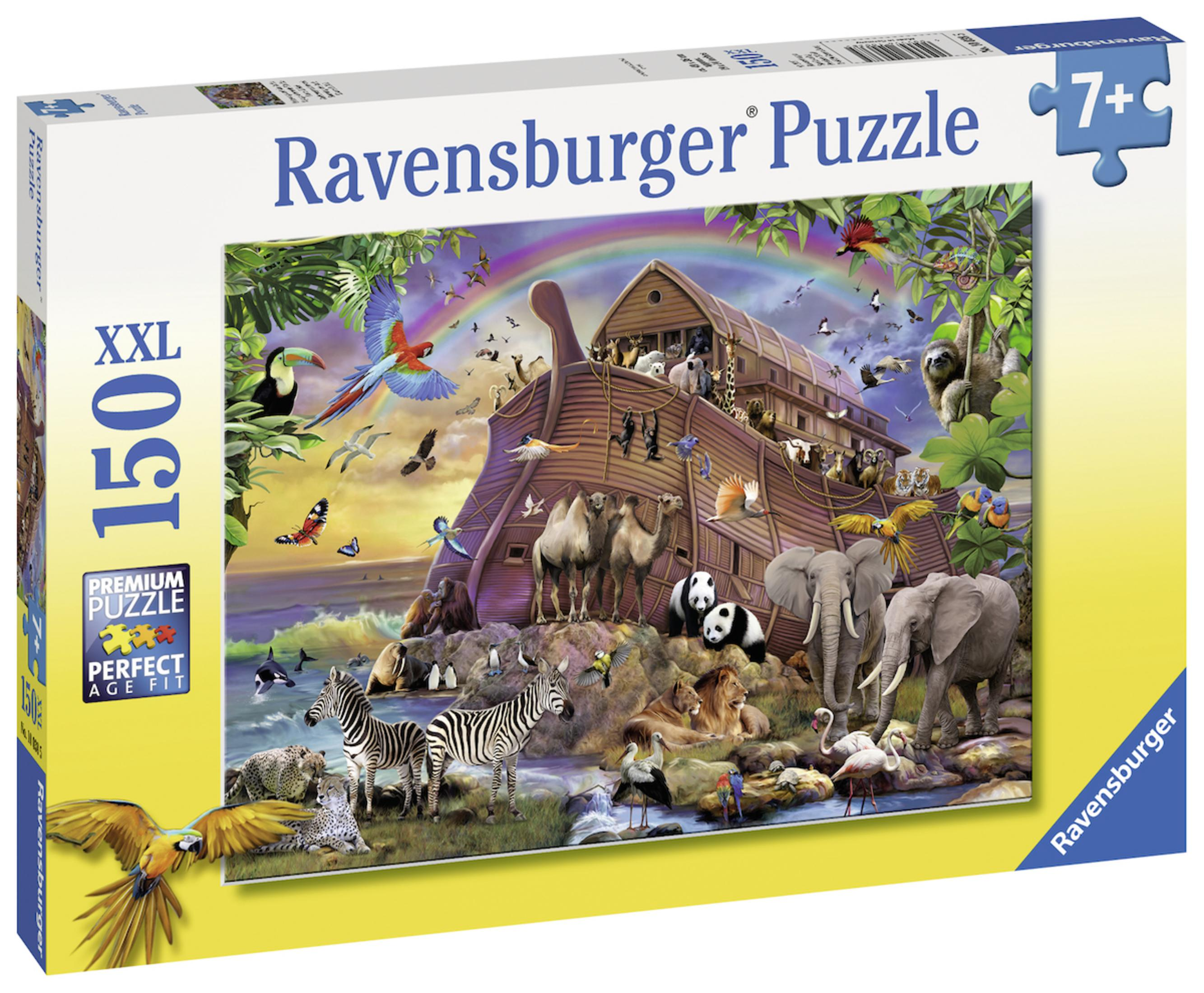 Eine Puzzlebox mit einem bunten Bild von Tieren auf der Arche Noah, einem Regenbogen und einem See.