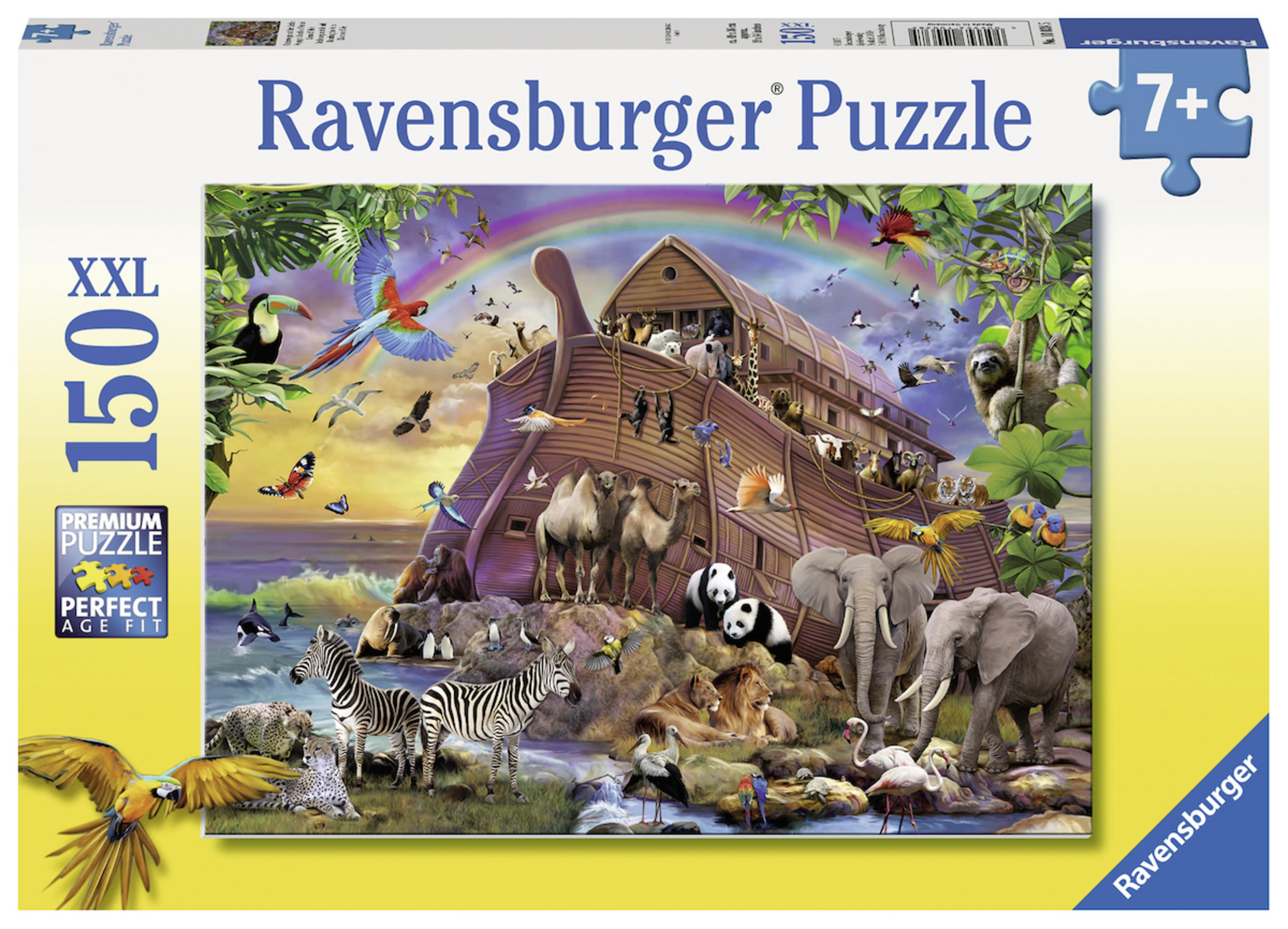 Ravensburger Puzzledose. Das Puzzle zeigt die Arche Noah mit vielen Tieren und einem Regenbogen.