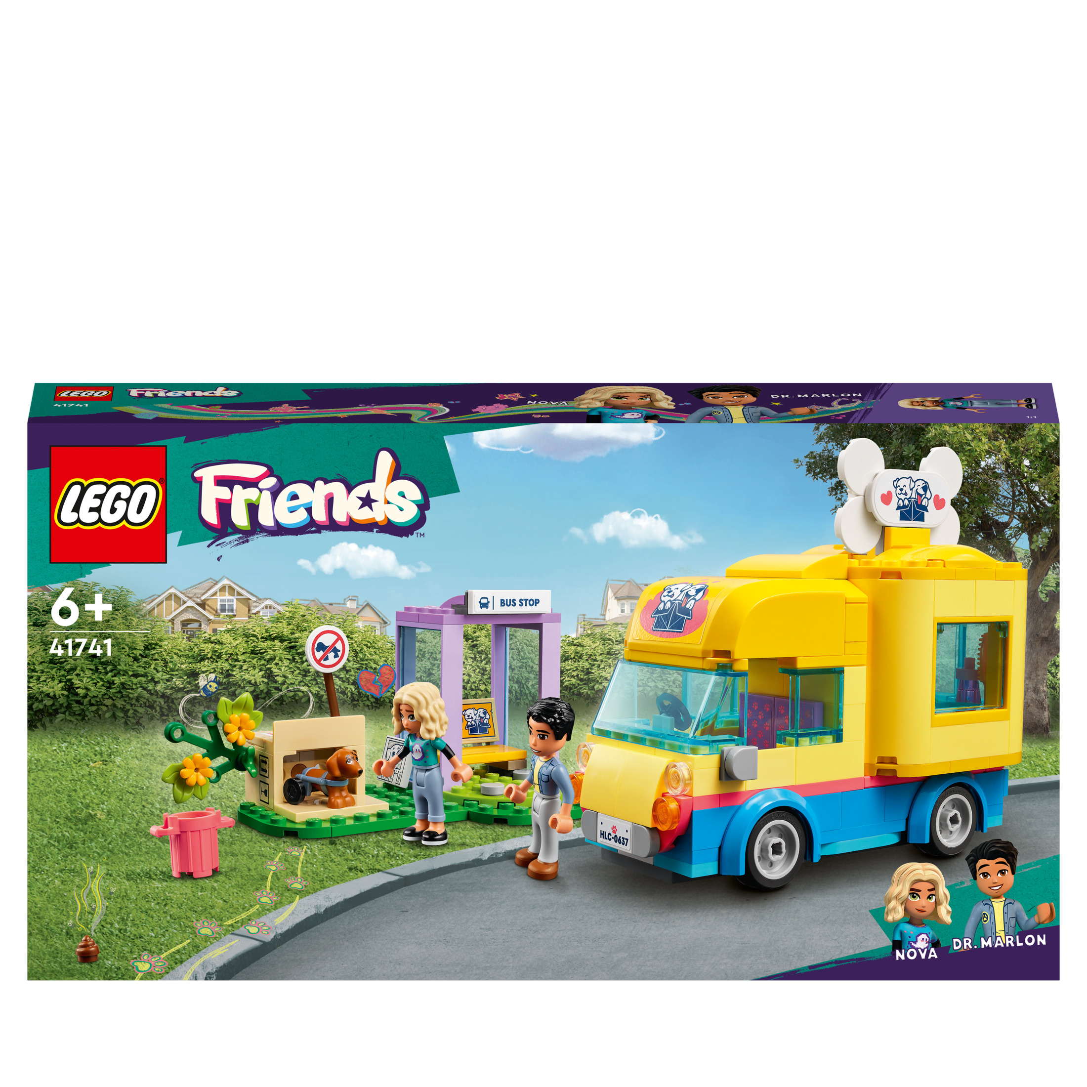 Scatola del set Lego Friends. Un furgone, una fermata dell'autobus, un cane e due figure sono visibili.