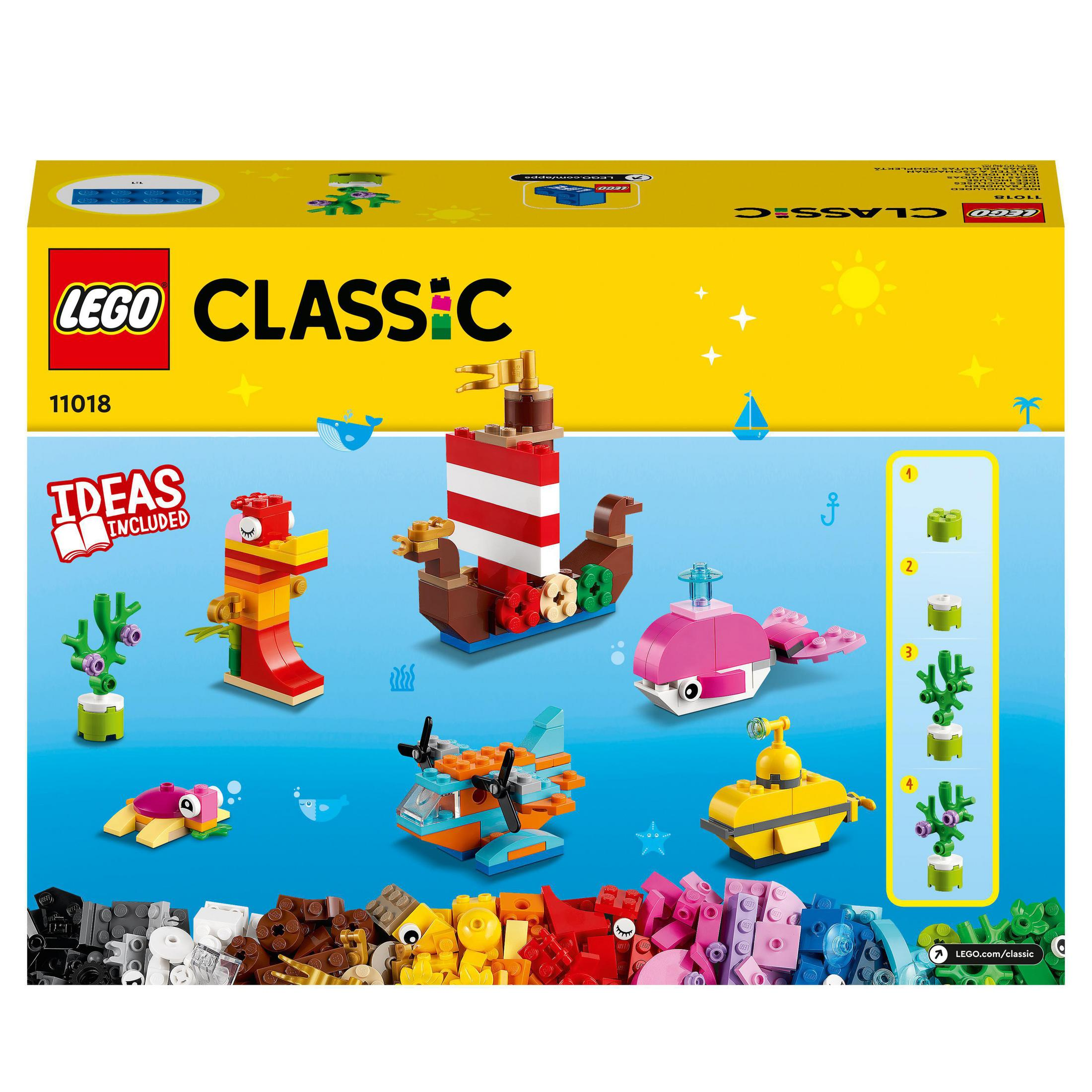 Lego Classic set met diverse kleine speelgoedbouwsels: boot, walvis en andere objecten.