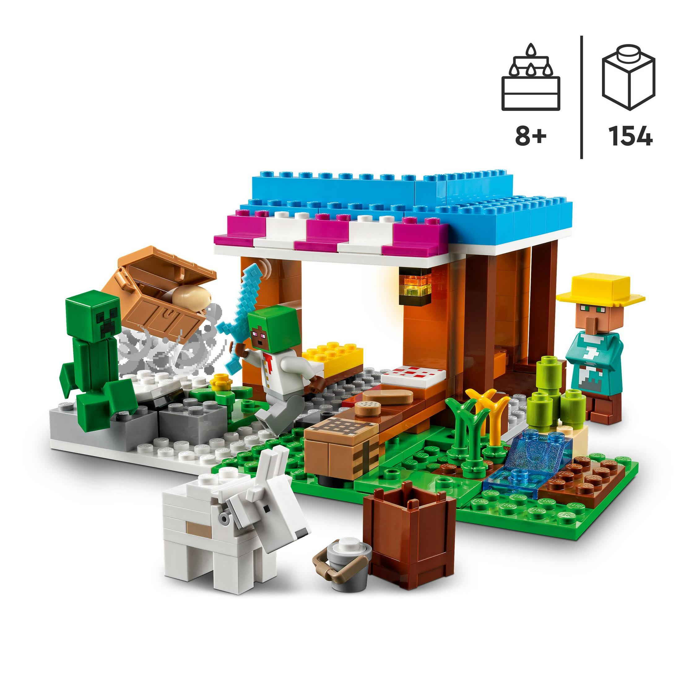 Lego Minecraft Set mit Figuren, einem Gebäude mit blauem und rosa Dach und einem weißen Schaf.