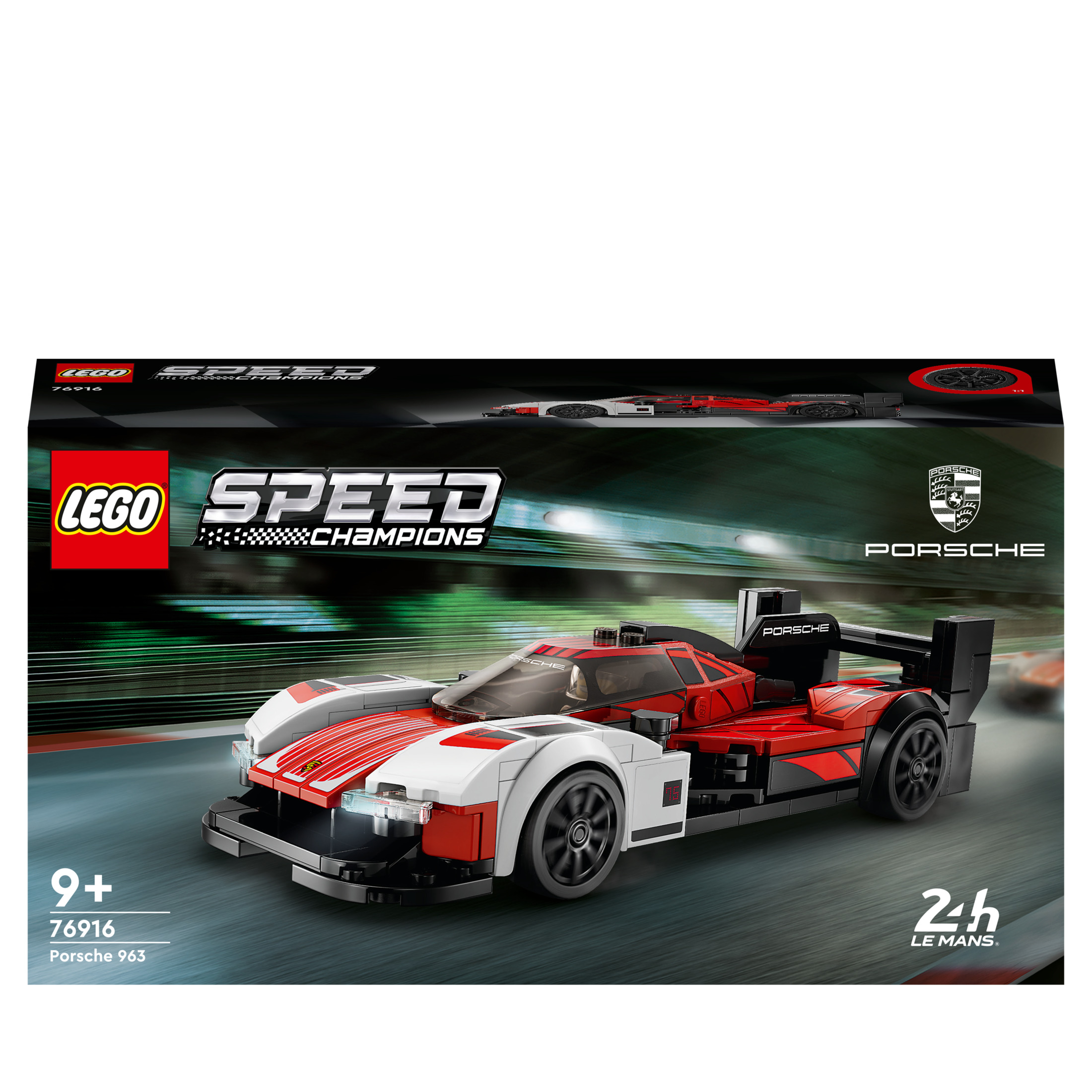 Lego Speed Champions Porsche 963 Set-Box. Das Auto ist rot und weiß, schwarze Räder und Porsche-Logo.