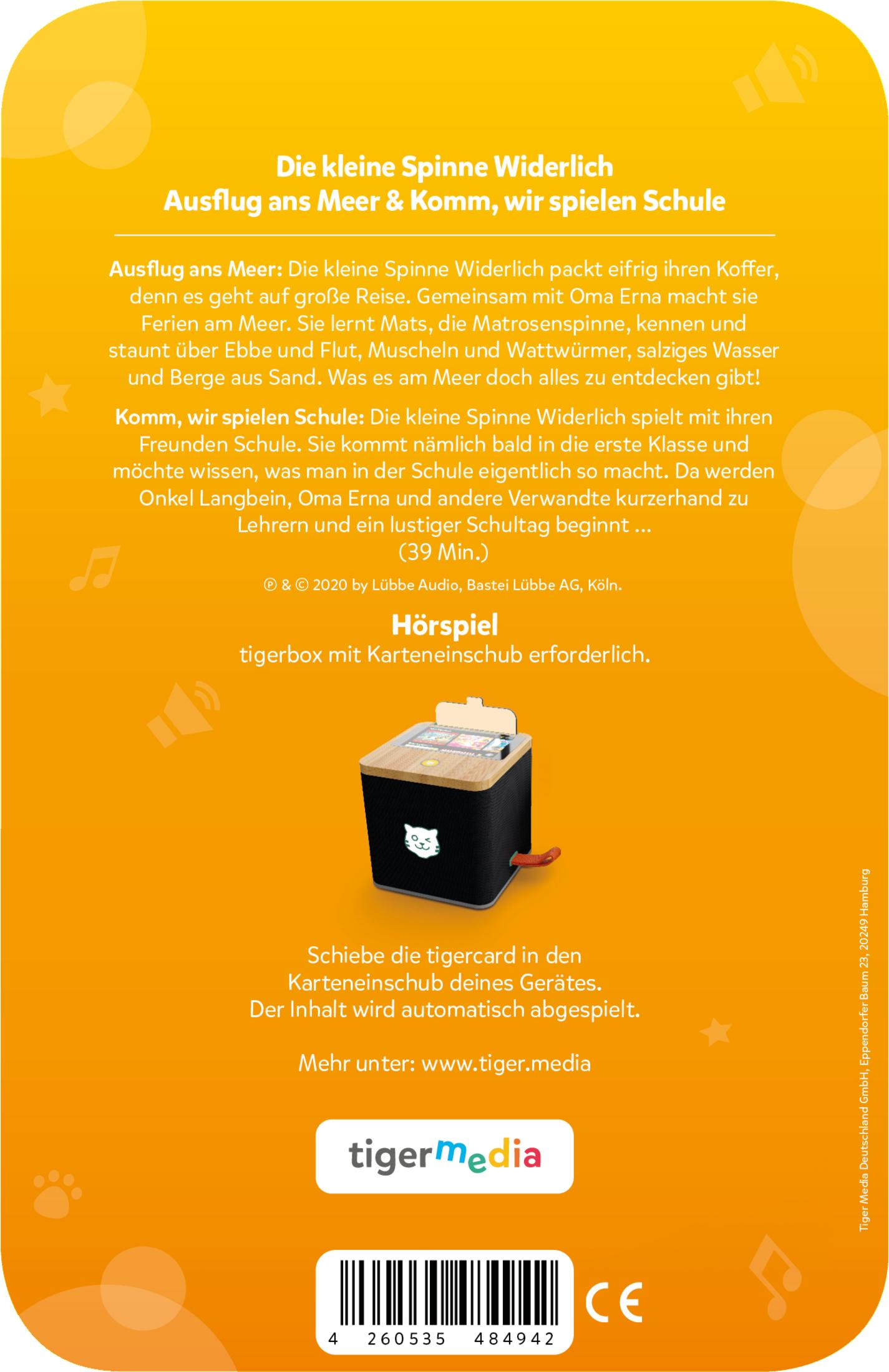Gelber Hintergrund mit Text. Eine kleine schwarze Box mit einem lächelnden Gesicht. Eine Karte wird in die Box gesteckt.