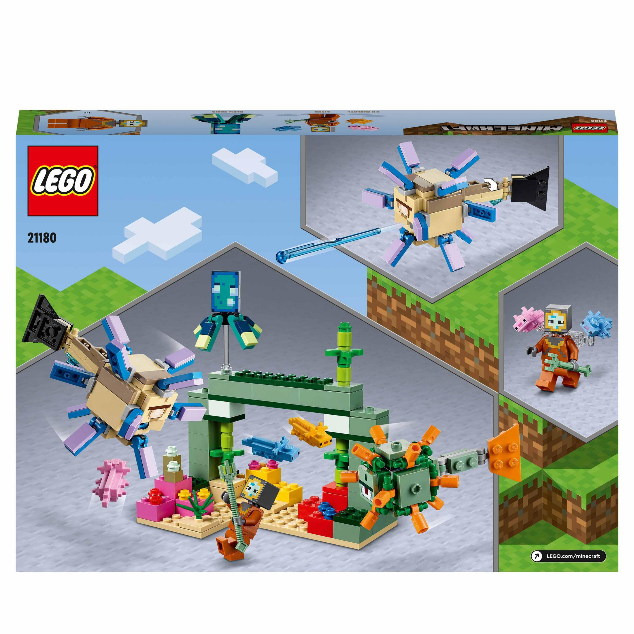 LEGO Minecraft Set: Figuren, Strukturen und Elemente in verschiedenen Farben; eine Schachtel mit LEGO-Logo.