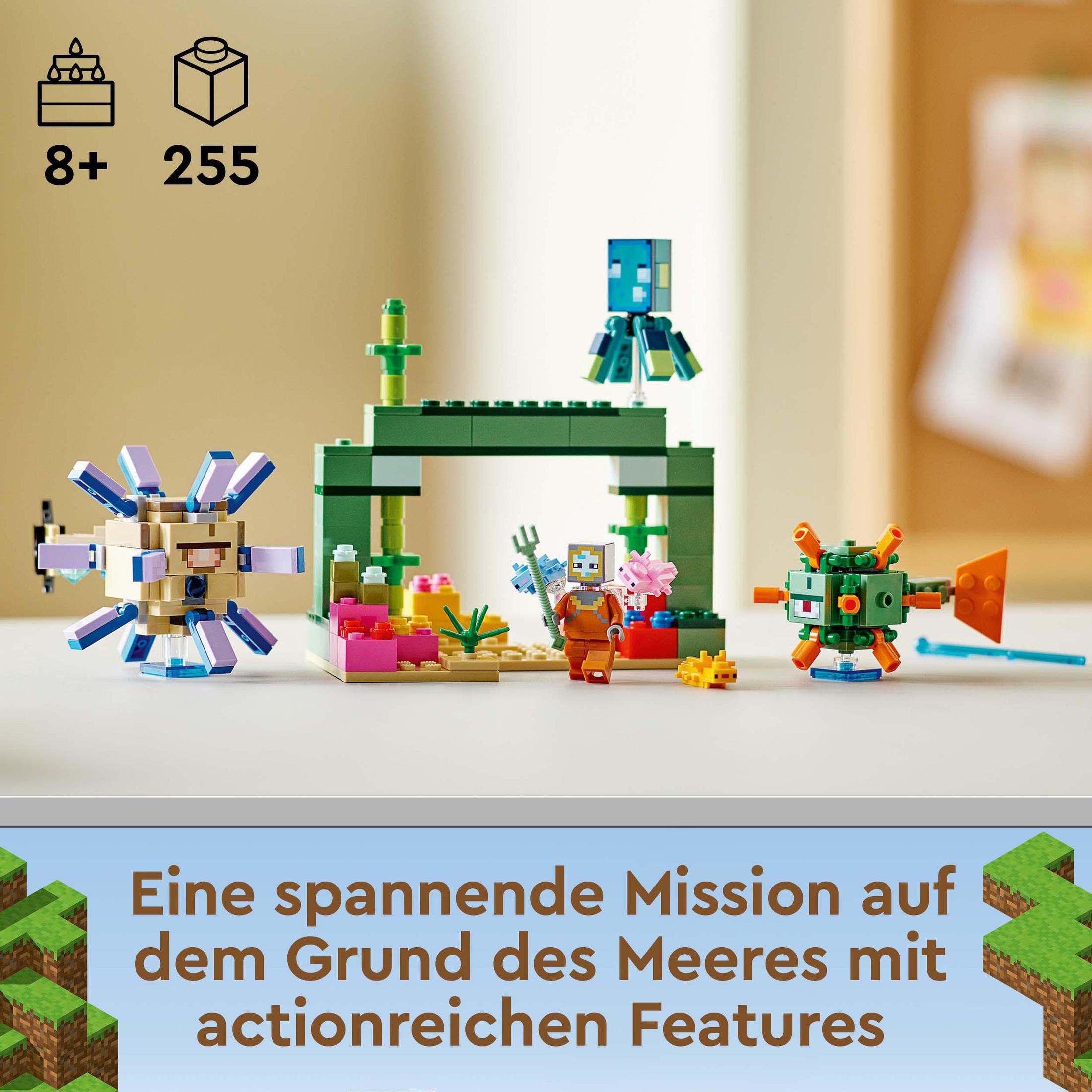 Lego-Set mit Meeresthema, einschließlich Figuren, Strukturen und Bausteinen.