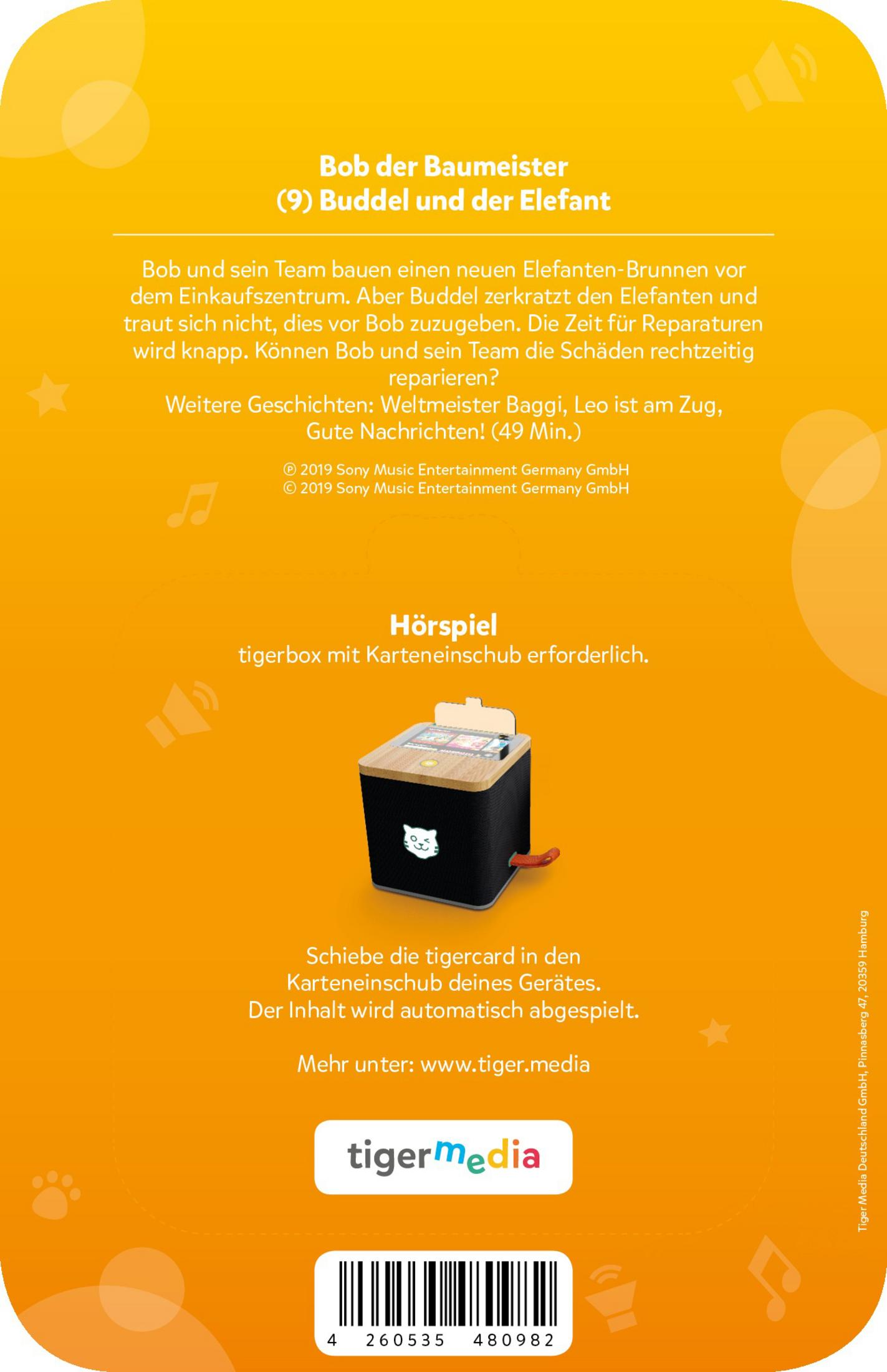 Una copertina di libro con testo su Bob the Builder e un lettore audio tigerbox.