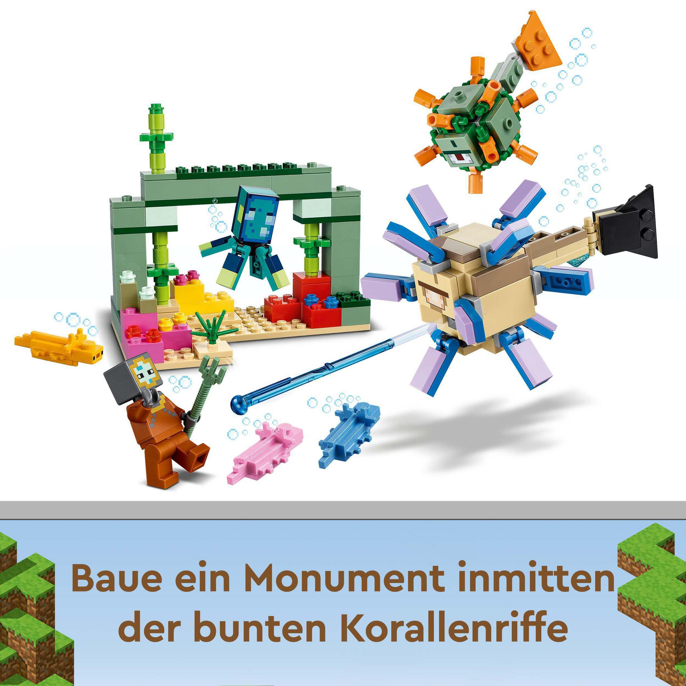LEGO-Set mit Unterwasserszene. Mit Korallen, Minecraft-Charakteren und verschiedenen Meereskreaturen.