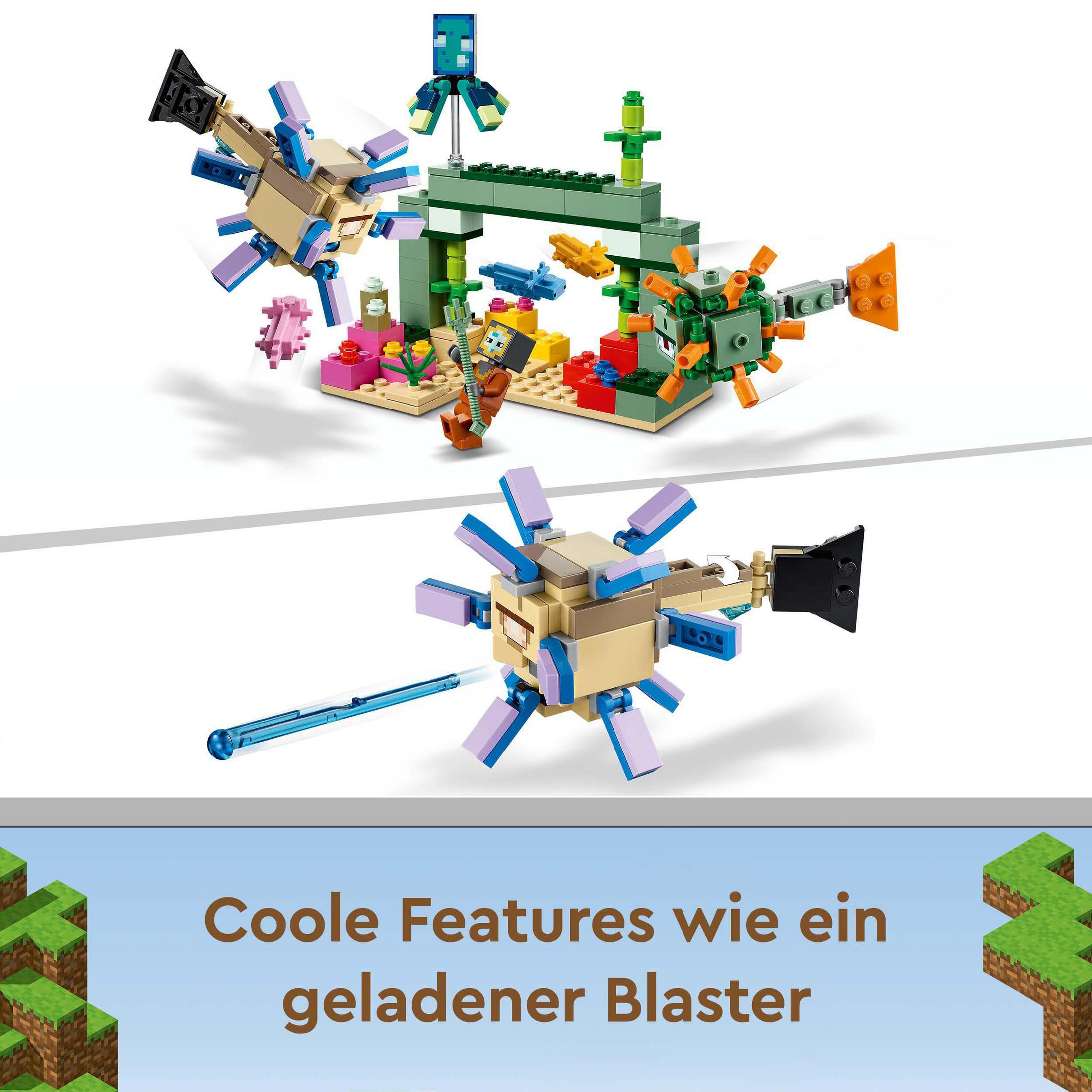 Zwei Lego-Sets nebeneinander, eines zusammengebaut, mit grünen und blauen Elementen.