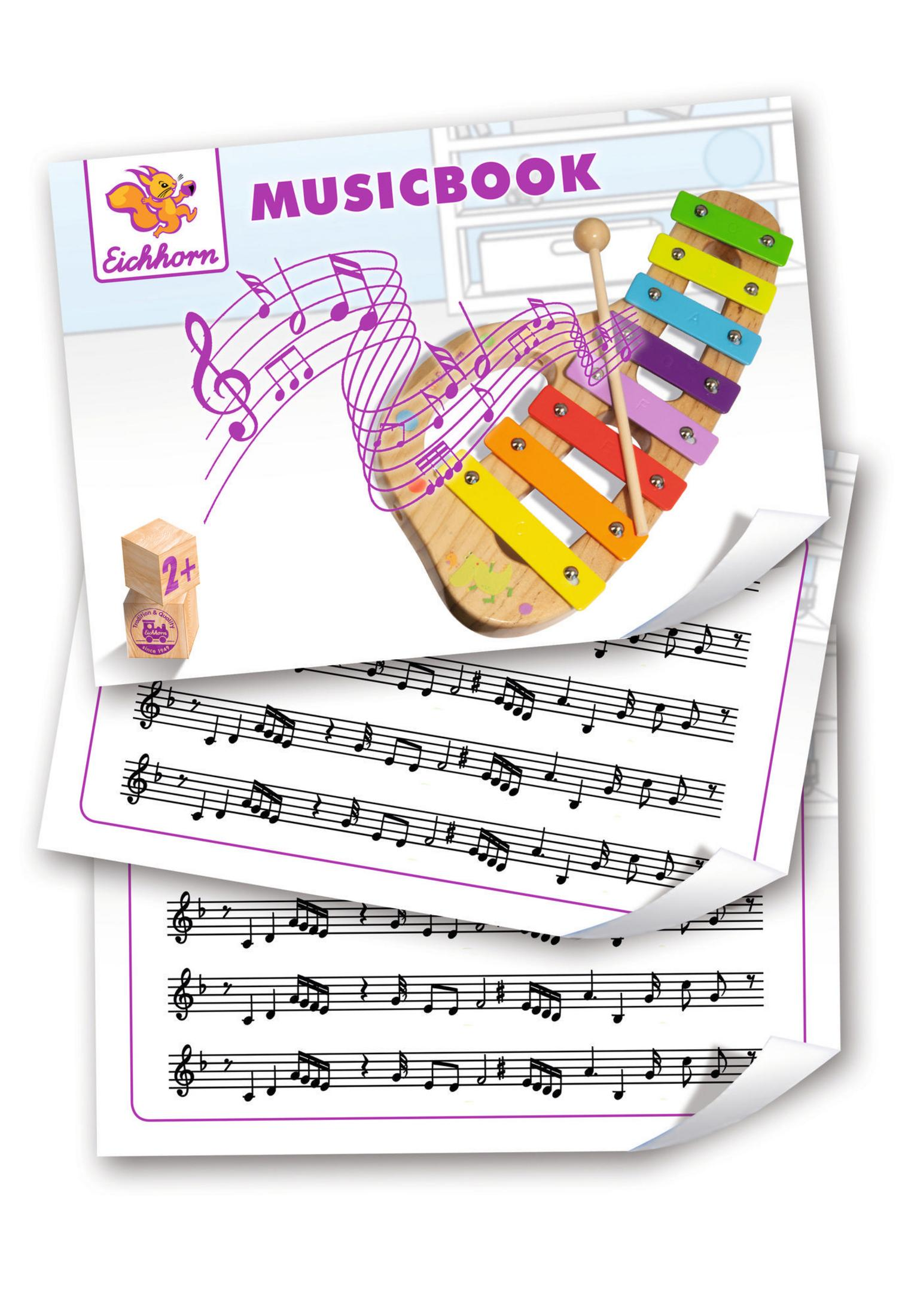 Musikbuch mit einem Xylophonbild und Noten. Das Xylophon hat Regenbogenfarben und einen Holzschlägel.