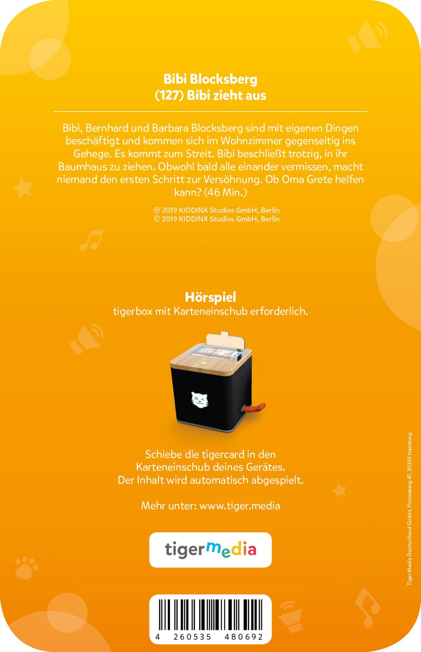 Ein Buchcover mit Text über Bibi Blocksberg und einen Tigerbox-Player.