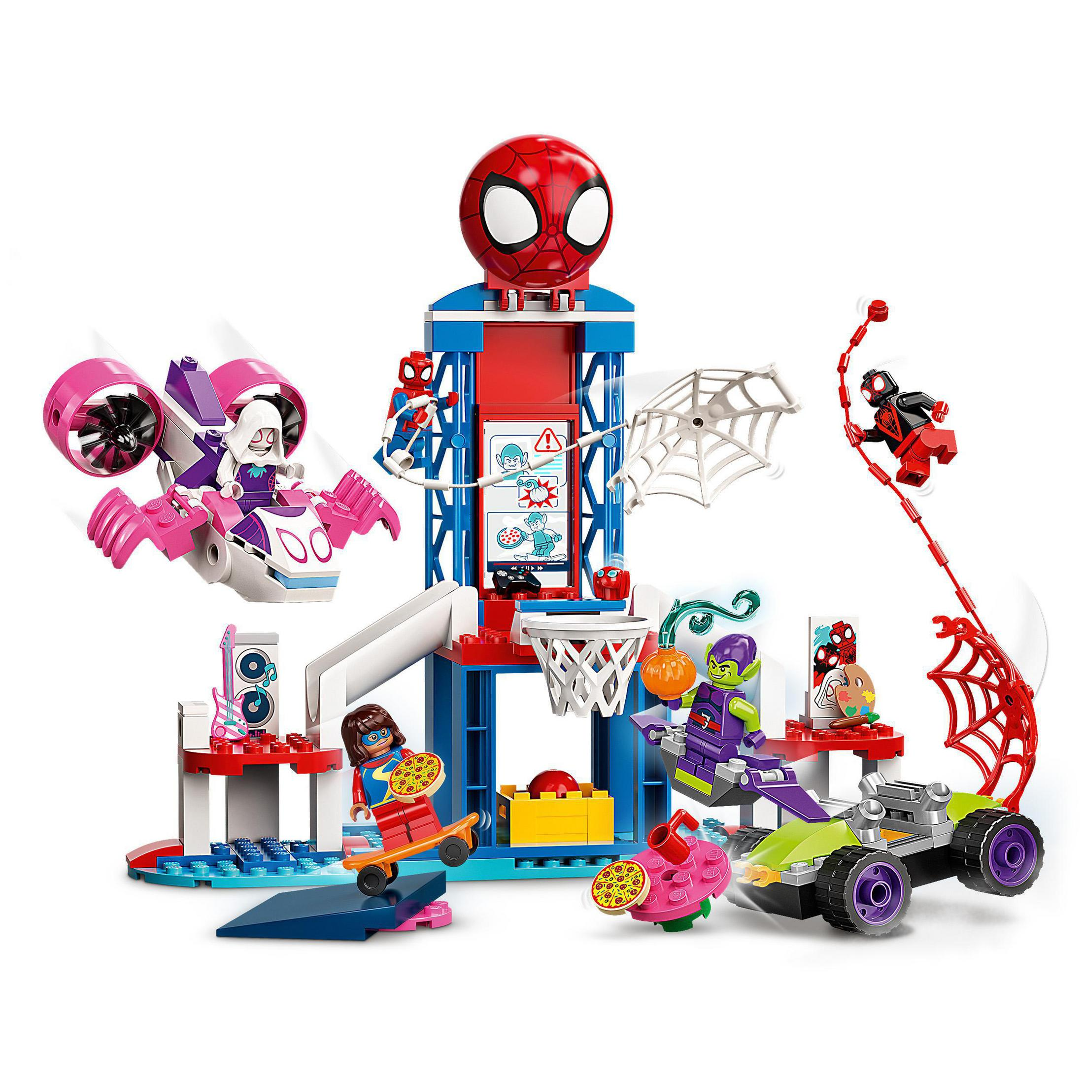 Ein Lego-Set mit Spider-Man-Figuren und einem Gebäude, auf weißem Hintergrund.