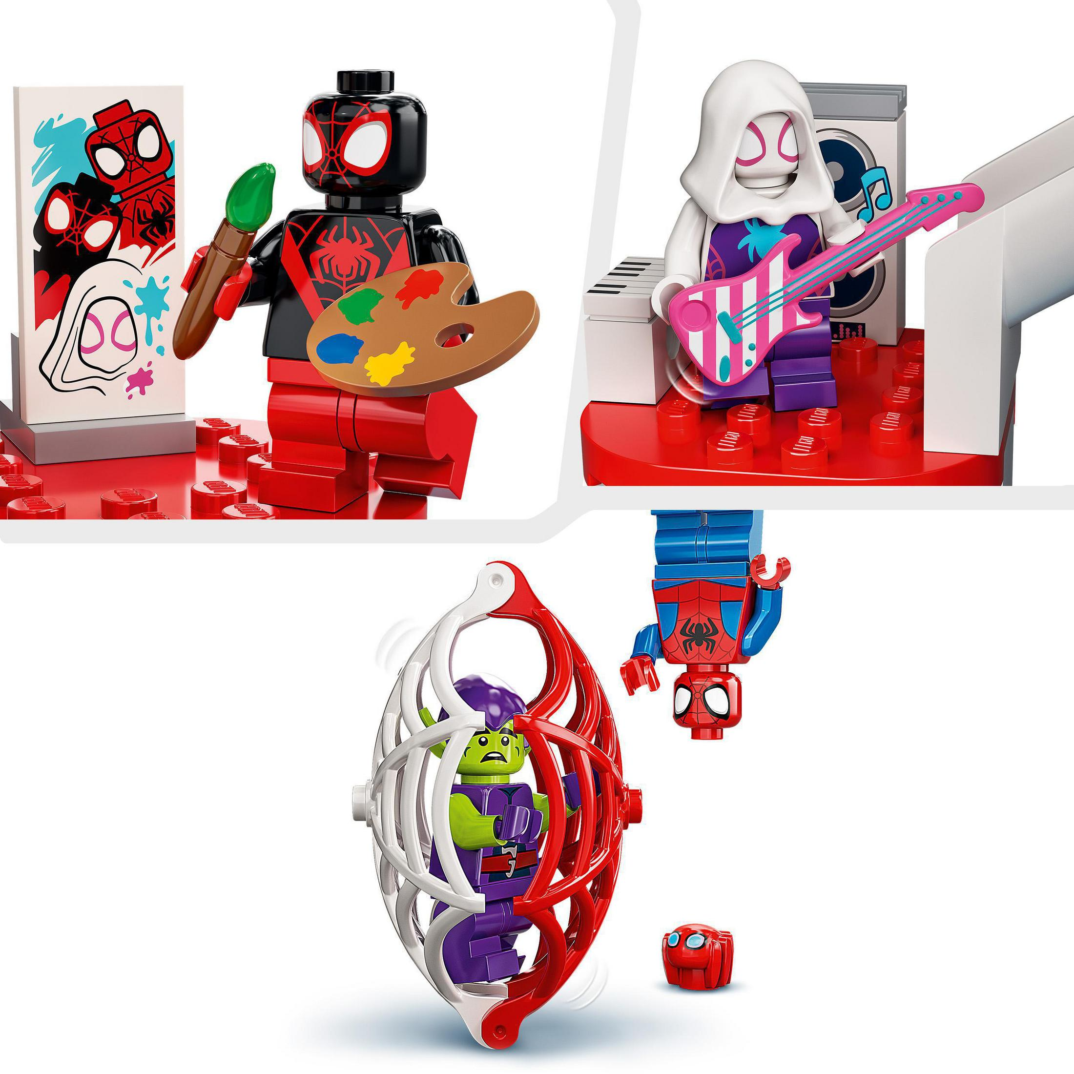 Lego-Figuren von Spider-Man-Charakteren. Einer malt, einer spielt Gitarre und einer in einem Käfig.