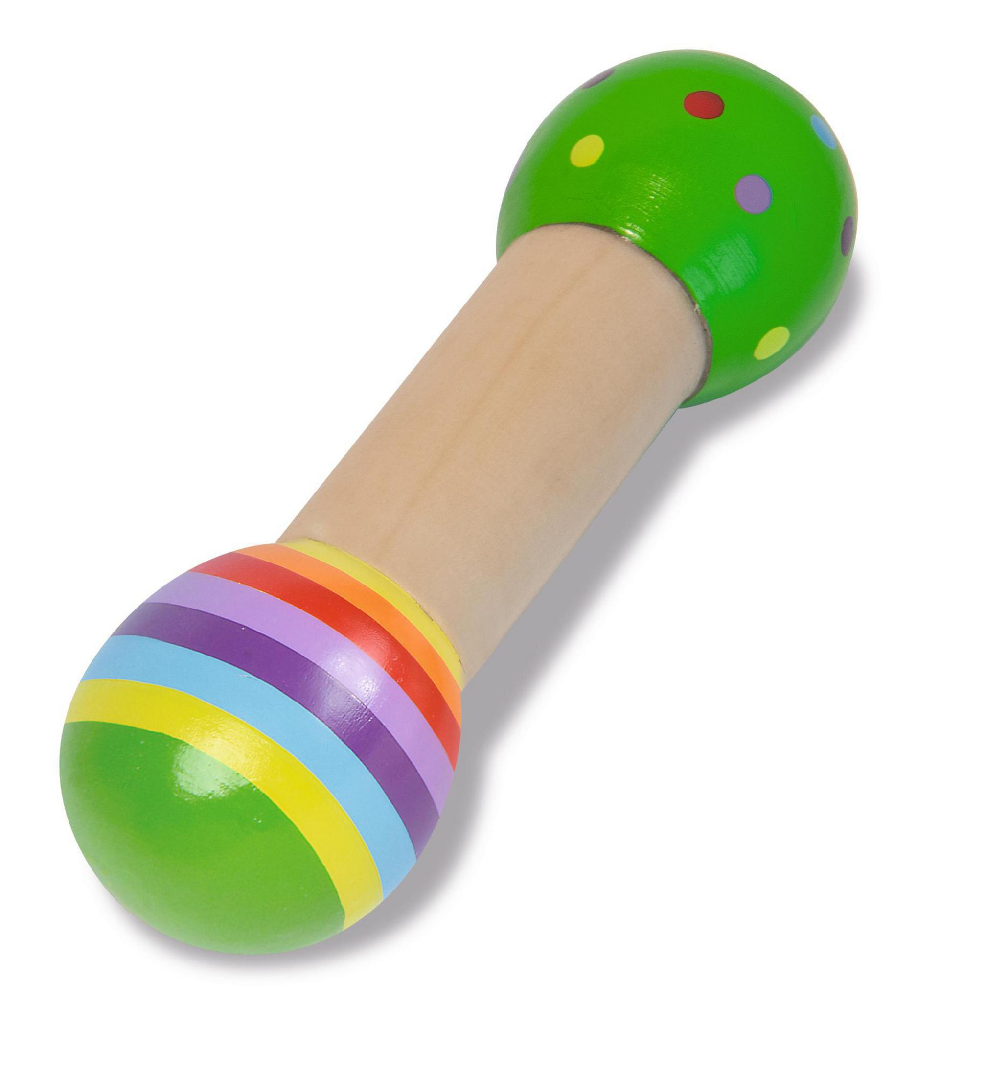 Ein Holzrasselspielzeug mit hellbraunem Griff und grünen Enden, verziert mit bunten Streifen und Punkten.