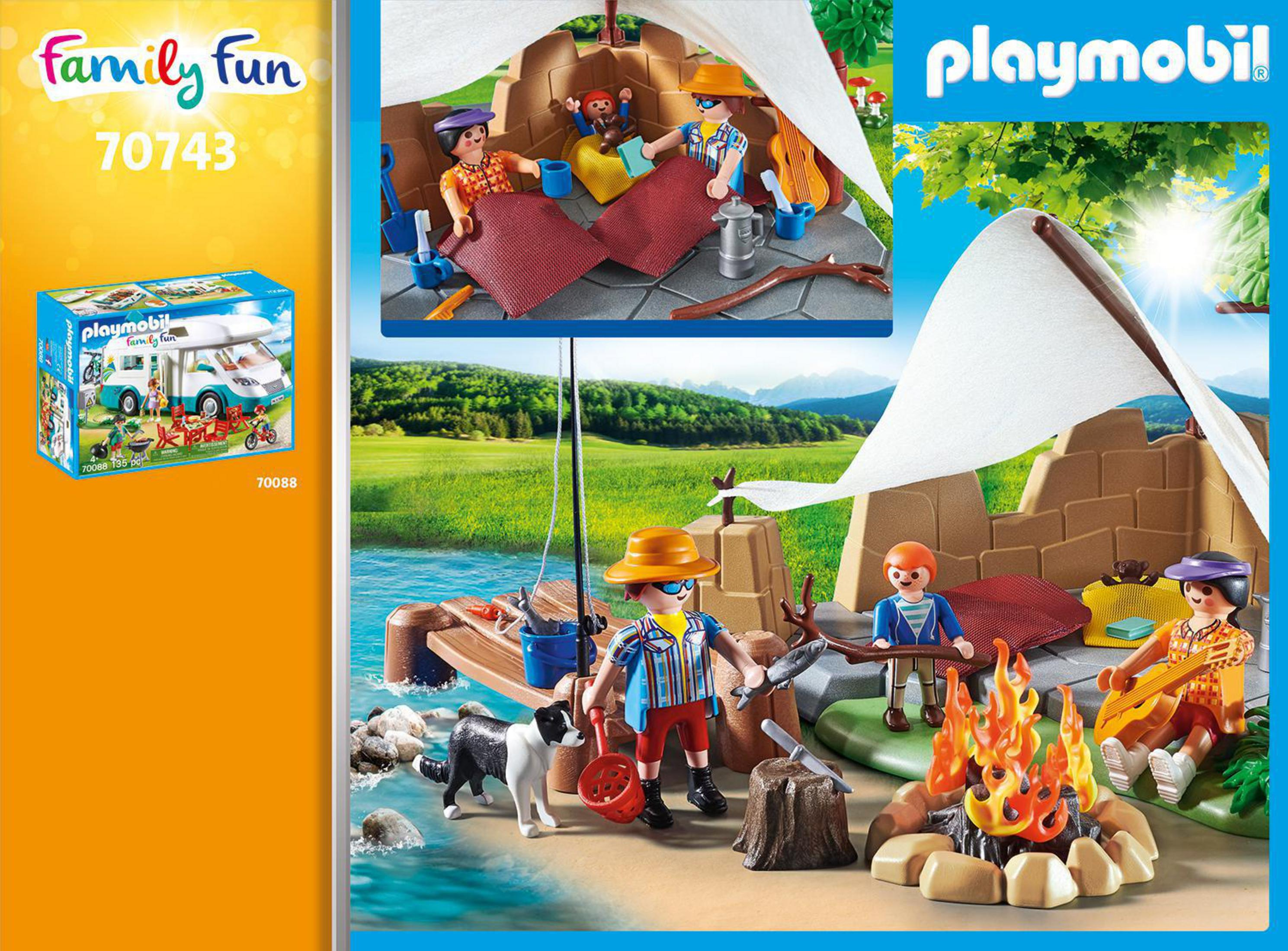 Un set Playmobil Family Fun mostra una famiglia in campeggio. C'è un camper, un falò e un cane.