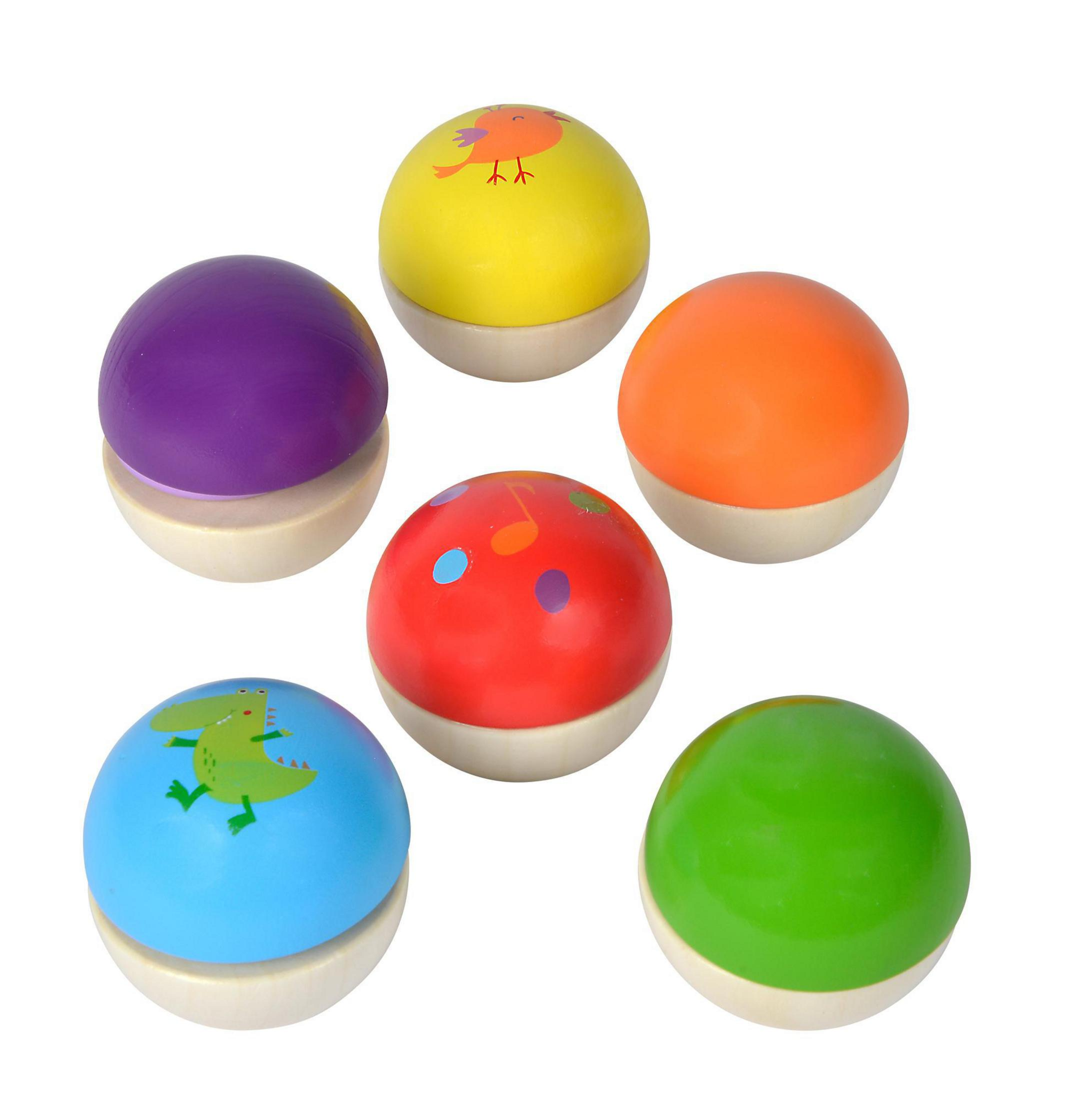 Sechs bunte Holzkugeln. Jede Kugel hat eine andere Farbe und ein anderes Design.