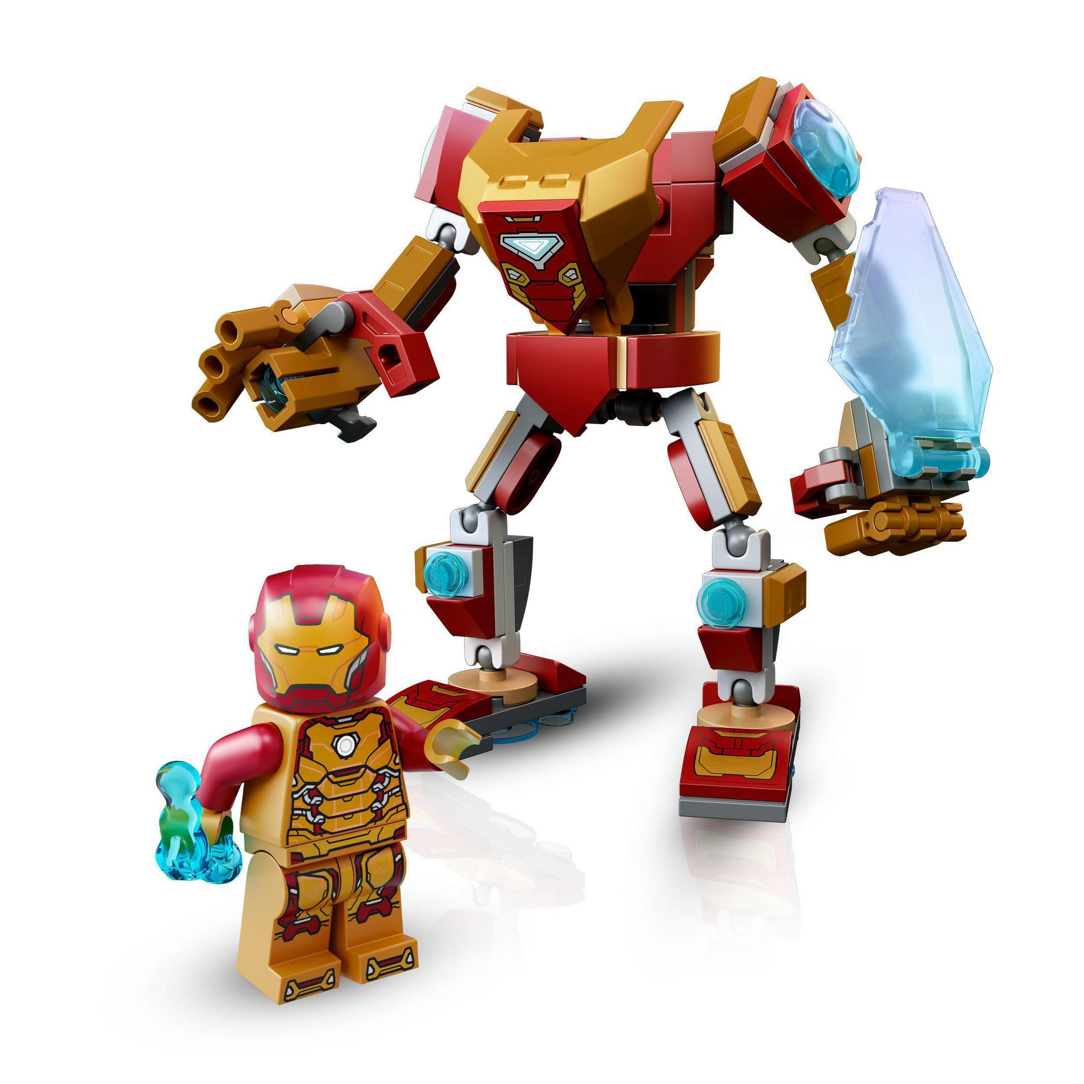 Set LEGO Iron Man con una minifigure e una figura di robot più grande. Il robot ha colori rosso e oro.