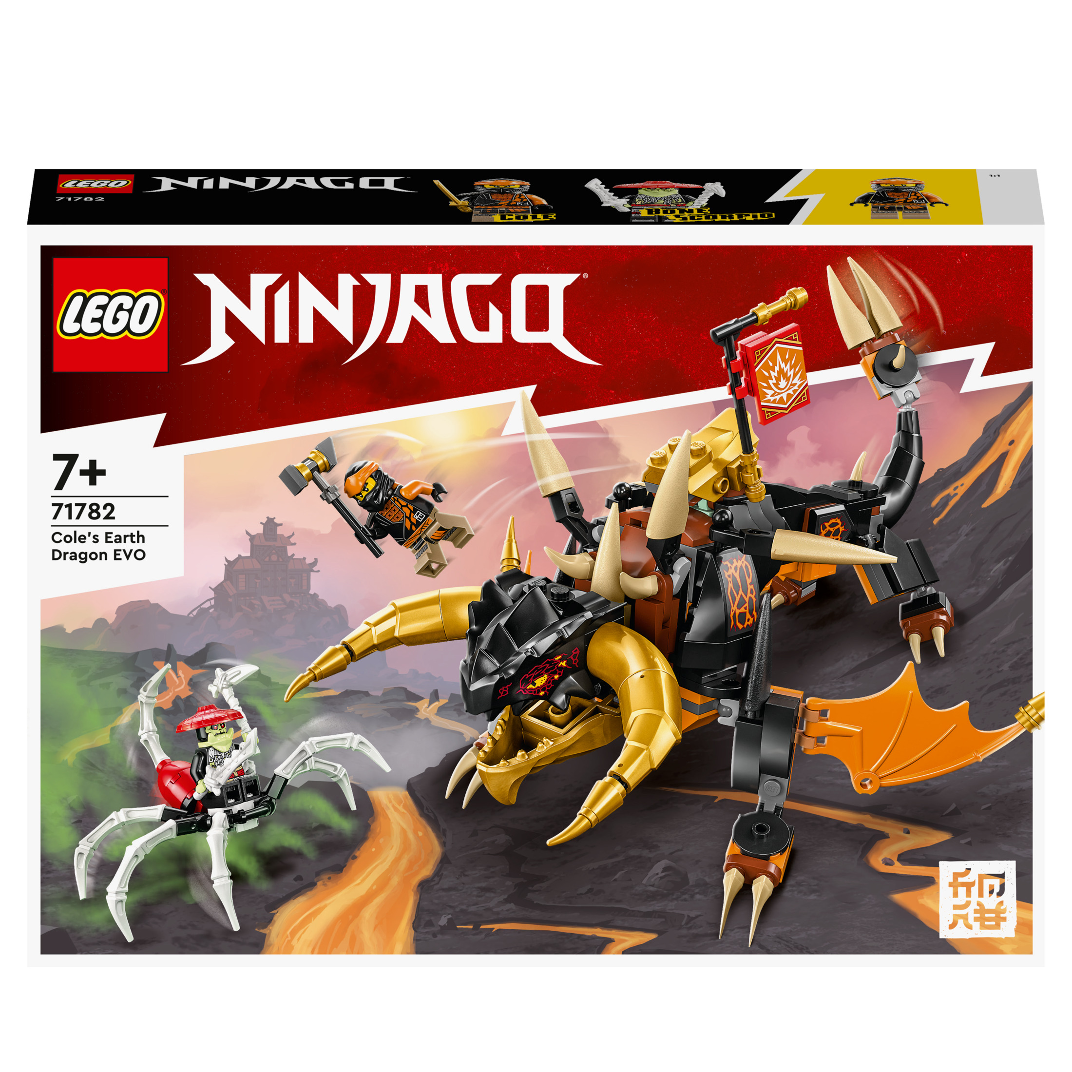 Lego Ninjago set. Een draak en ninjafiguren zijn te zien. De achtergrond toont een landschap.