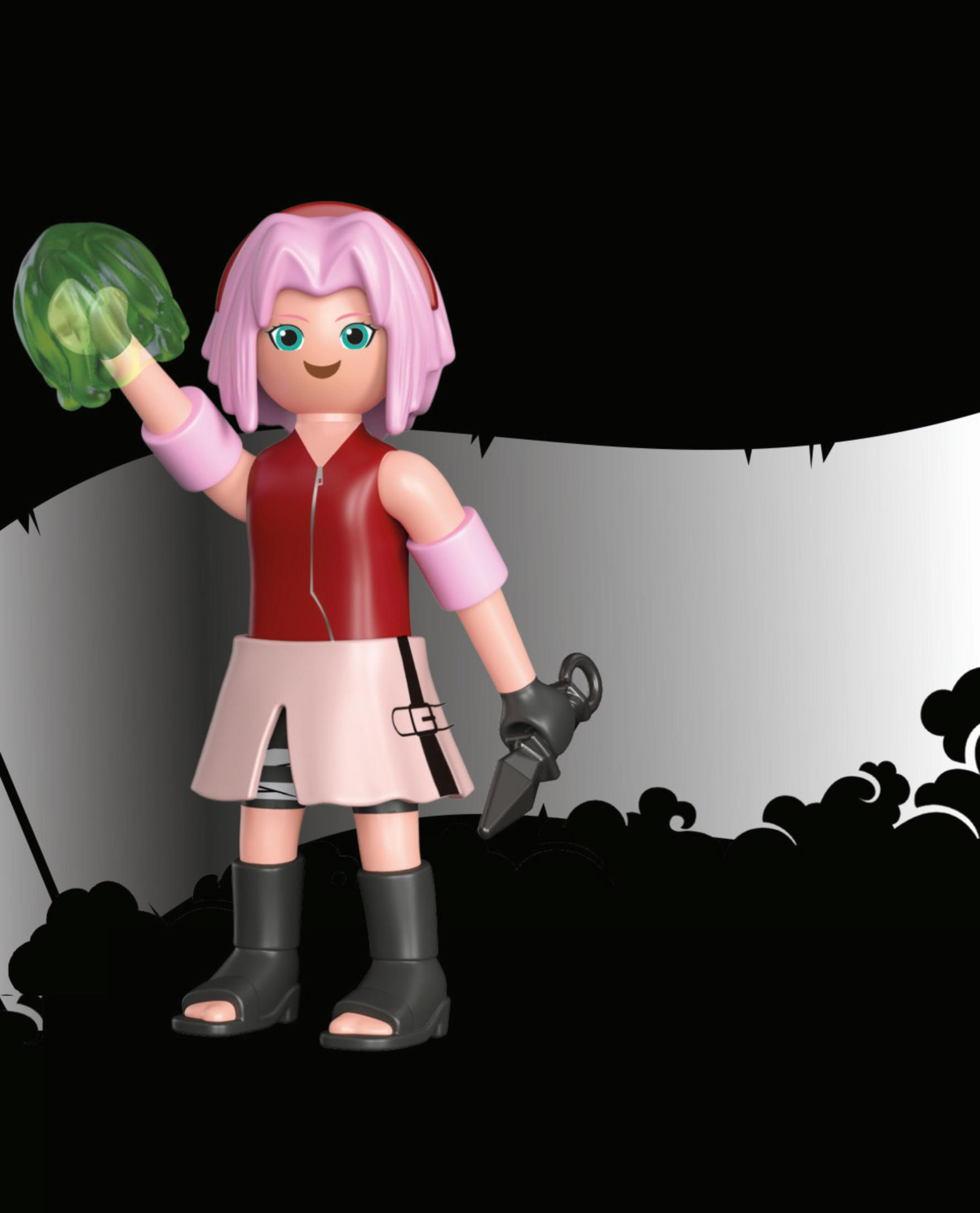 Sakura-Figur, die grüne Energie hält, mit rosa Haaren und Outfit, auf einem schwarz-weißen Hintergrund.