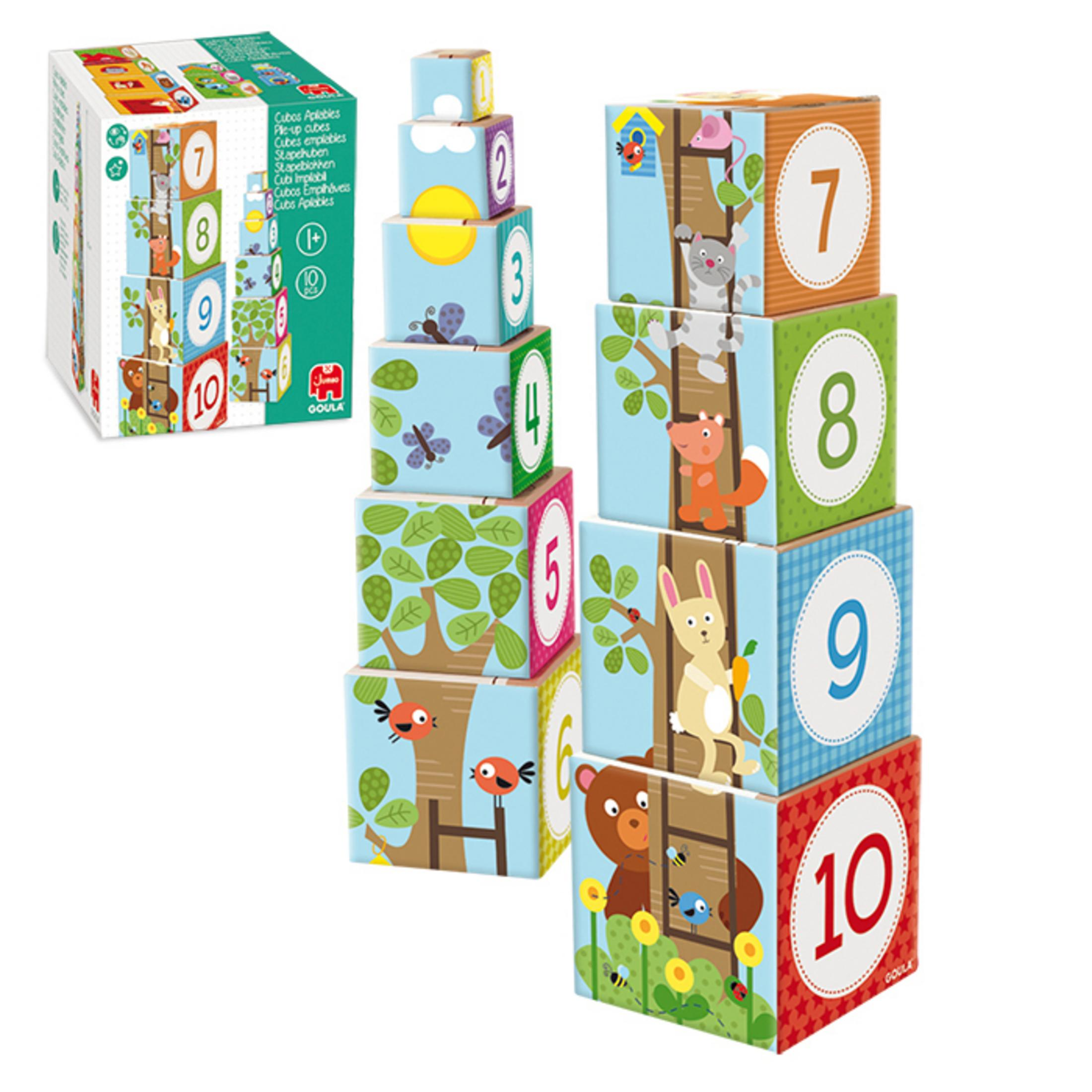 Zabawka do układania w stosy z ponumerowanymi klockami przedstawiającymi zwierzęta. Pudełko z klockami na górze.