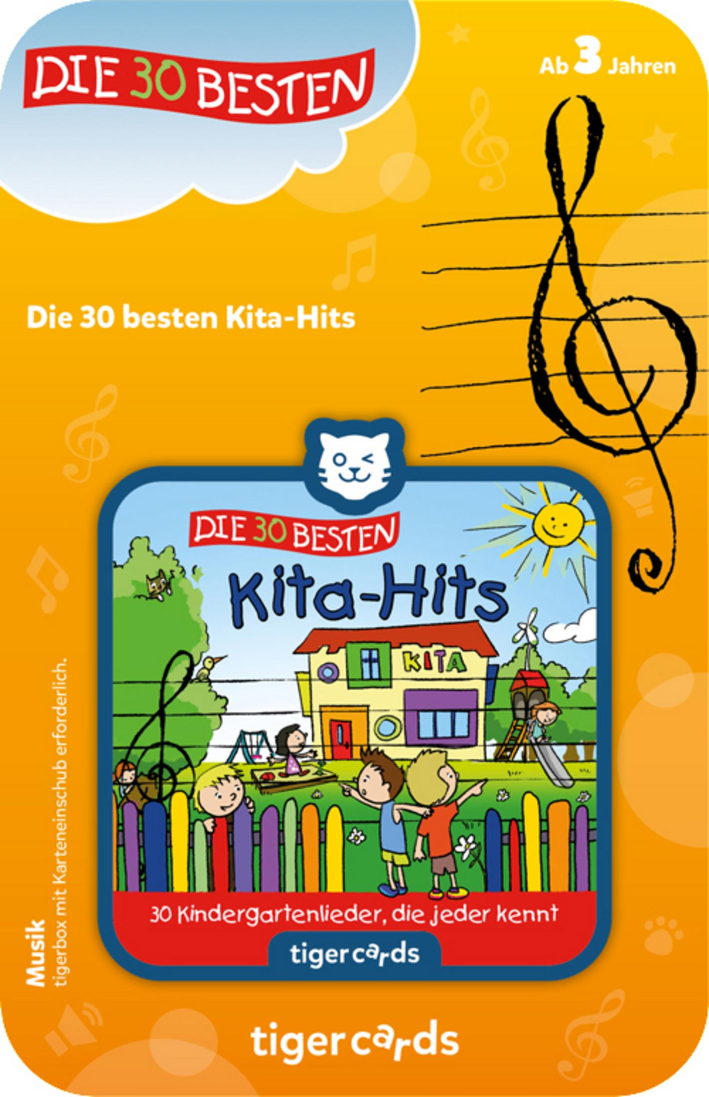 Ein Kartenset, 'Die 30 Besten Kita-Hits', mit Cartoon-Kindern und Noten auf hellem Hintergrund.