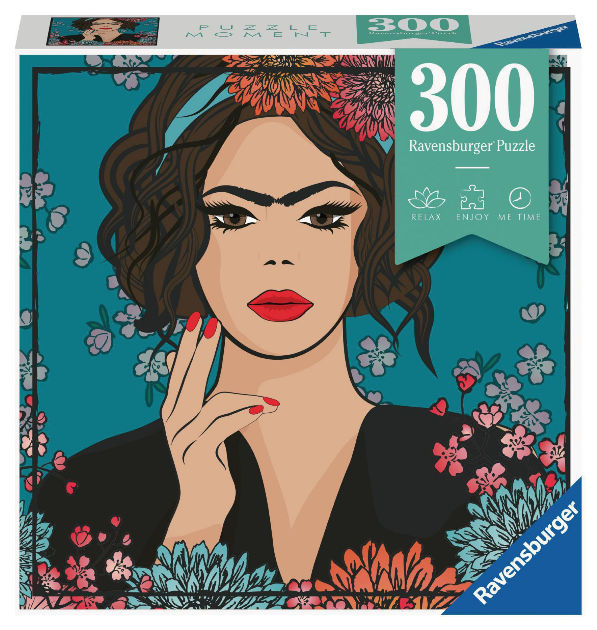 Frida Kahlo Puzzle-Box. Eine Frau mit Blumen im Haar und rotem Lippenstift.