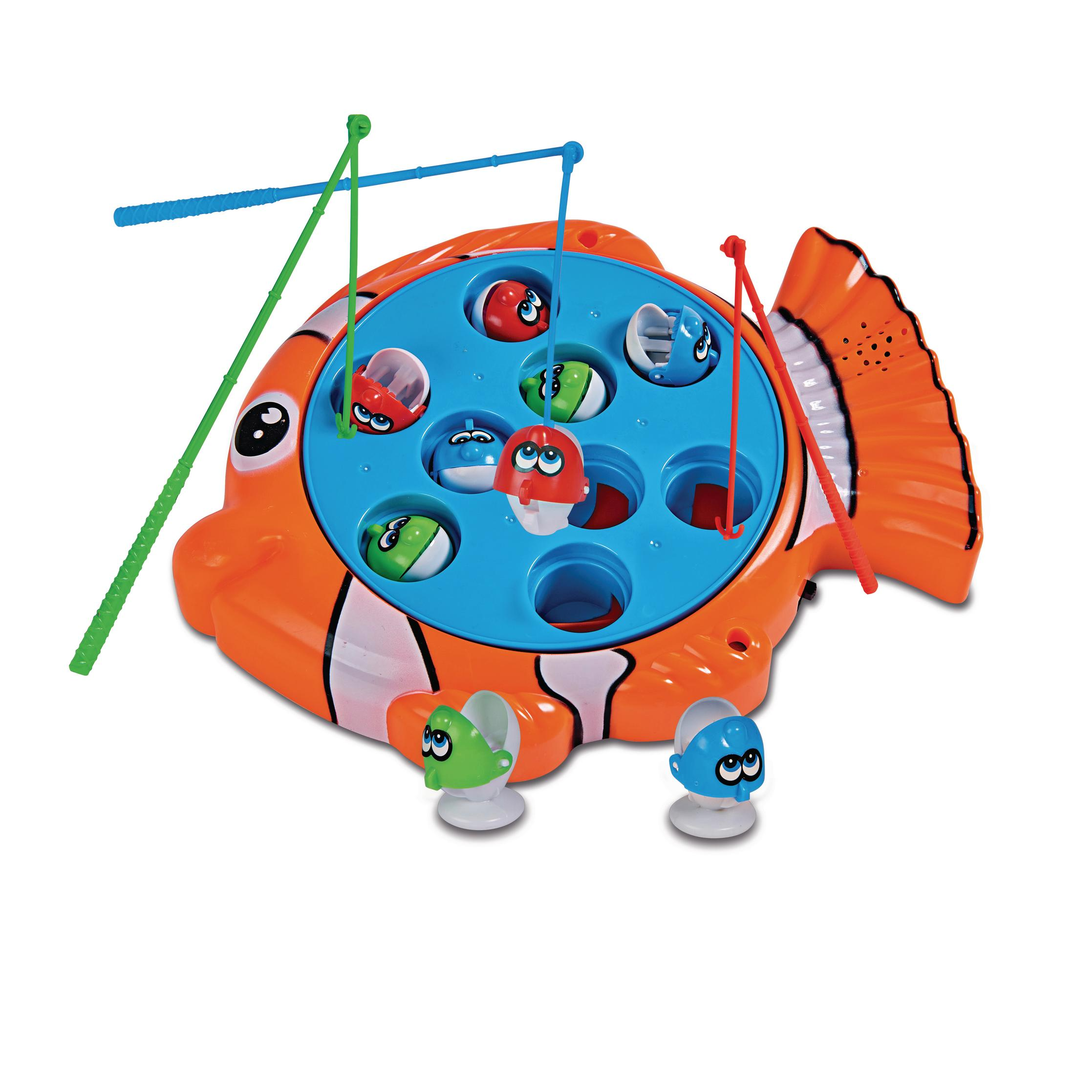 Ein Angelspiel für Kinder mit einer fischförmigen Basis und Fischfiguren mit Angelruten.