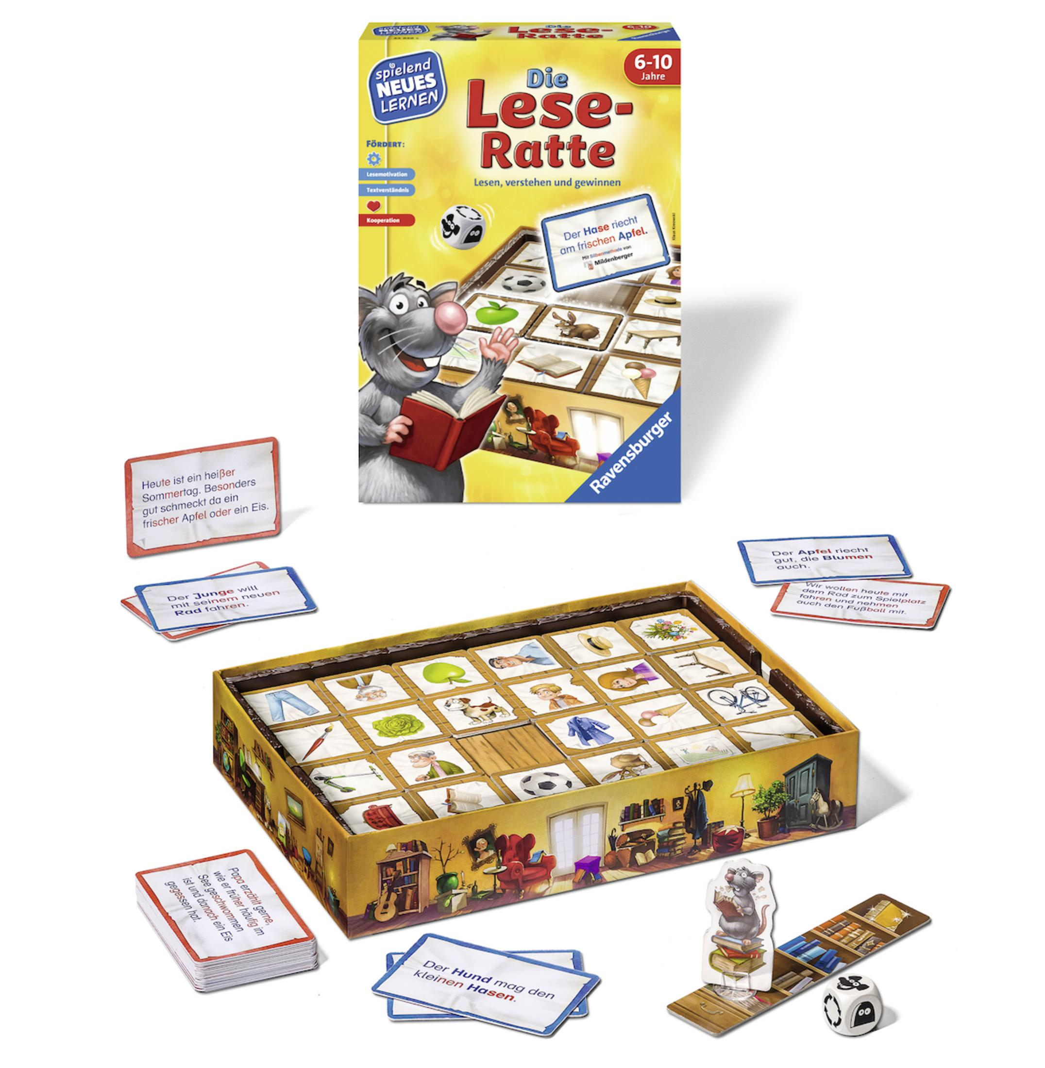 Brettspielbox und Komponenten: Karten, Spielsteine, Würfel. Weißer Hintergrund.