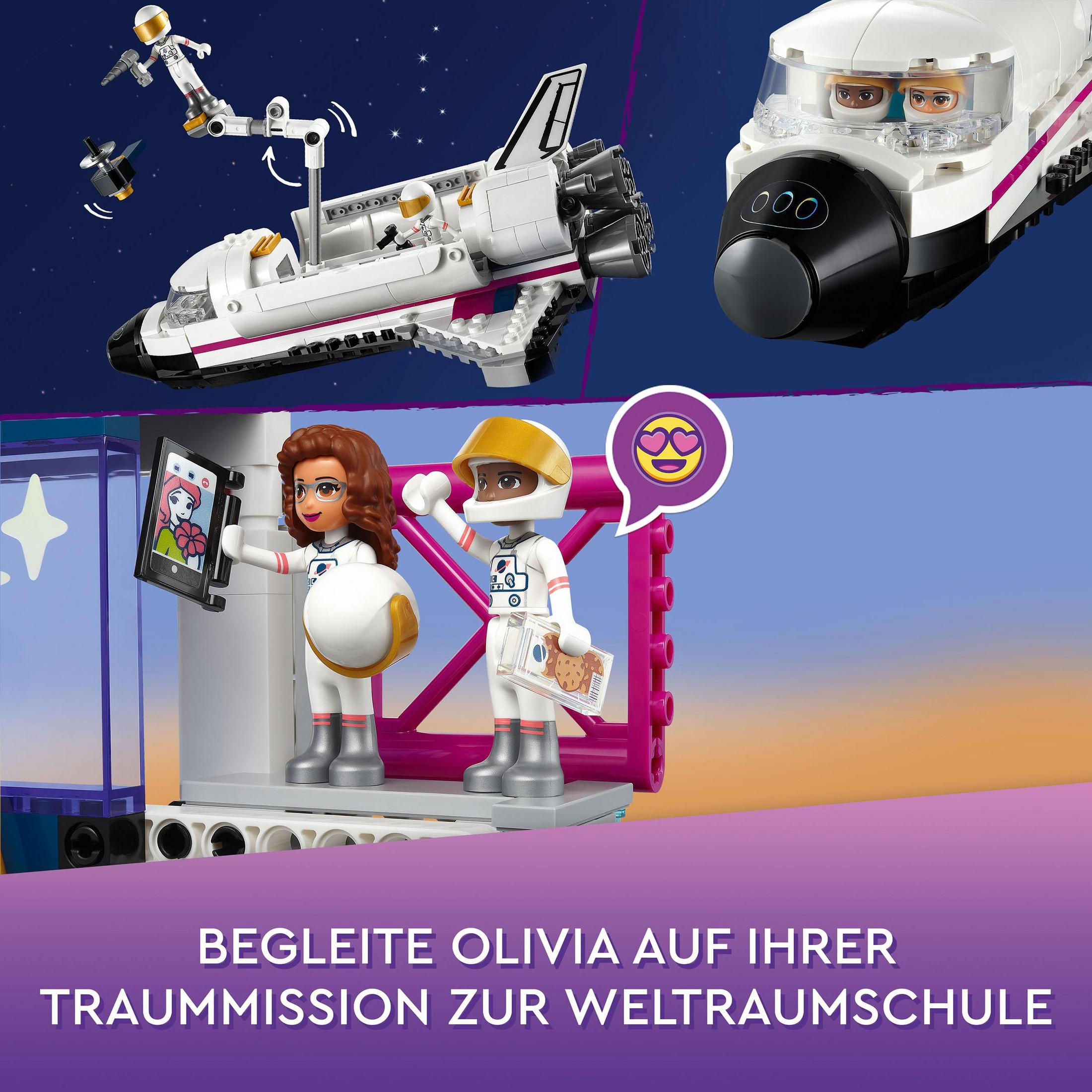 Lego-Set mit Astronauten, Raumschiff und Figuren auf blauem und lila Hintergrund.