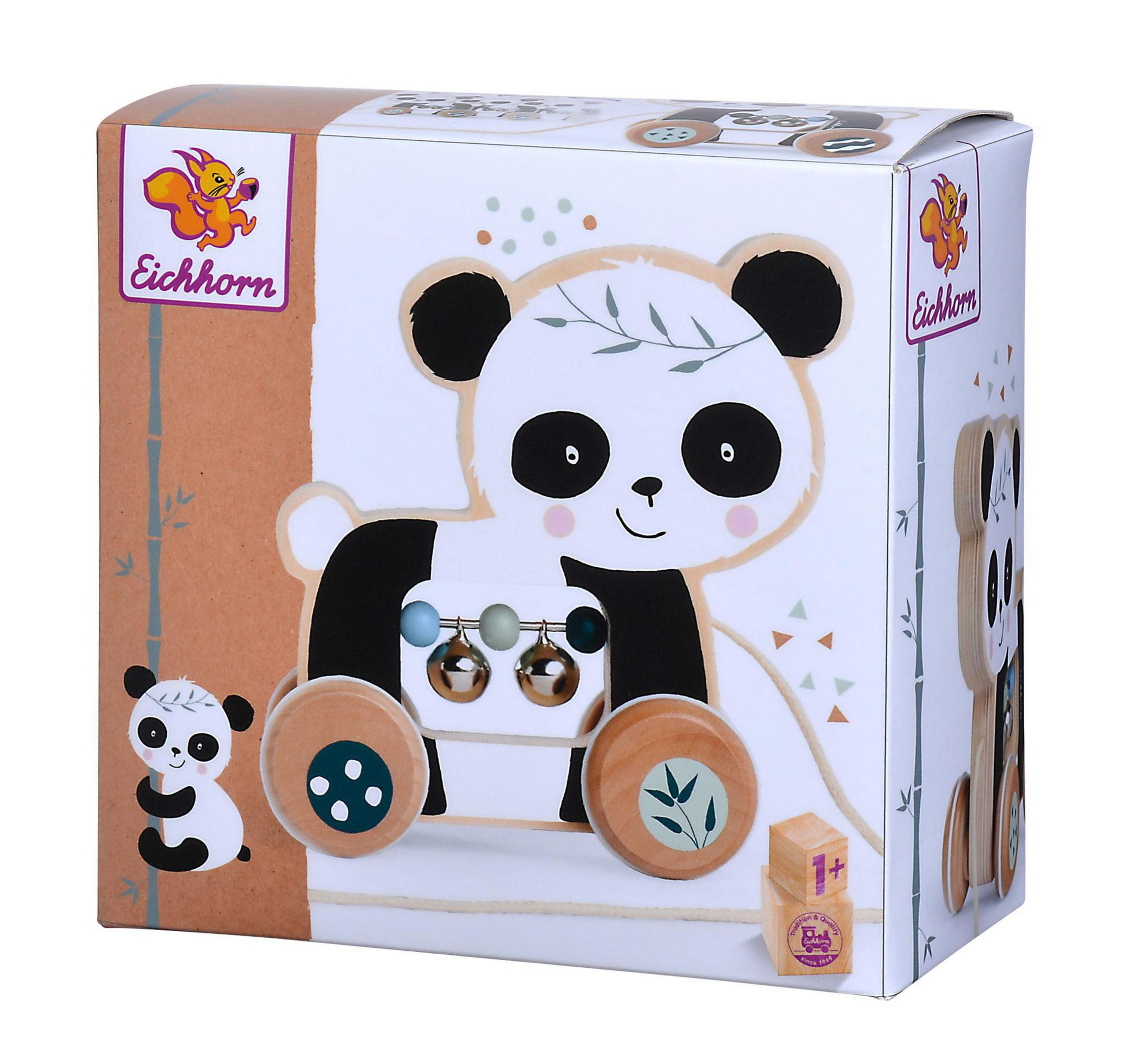 Box mit Panda und Panda-Spielzeug. Die Box hat Panda- und Holzblöcke.