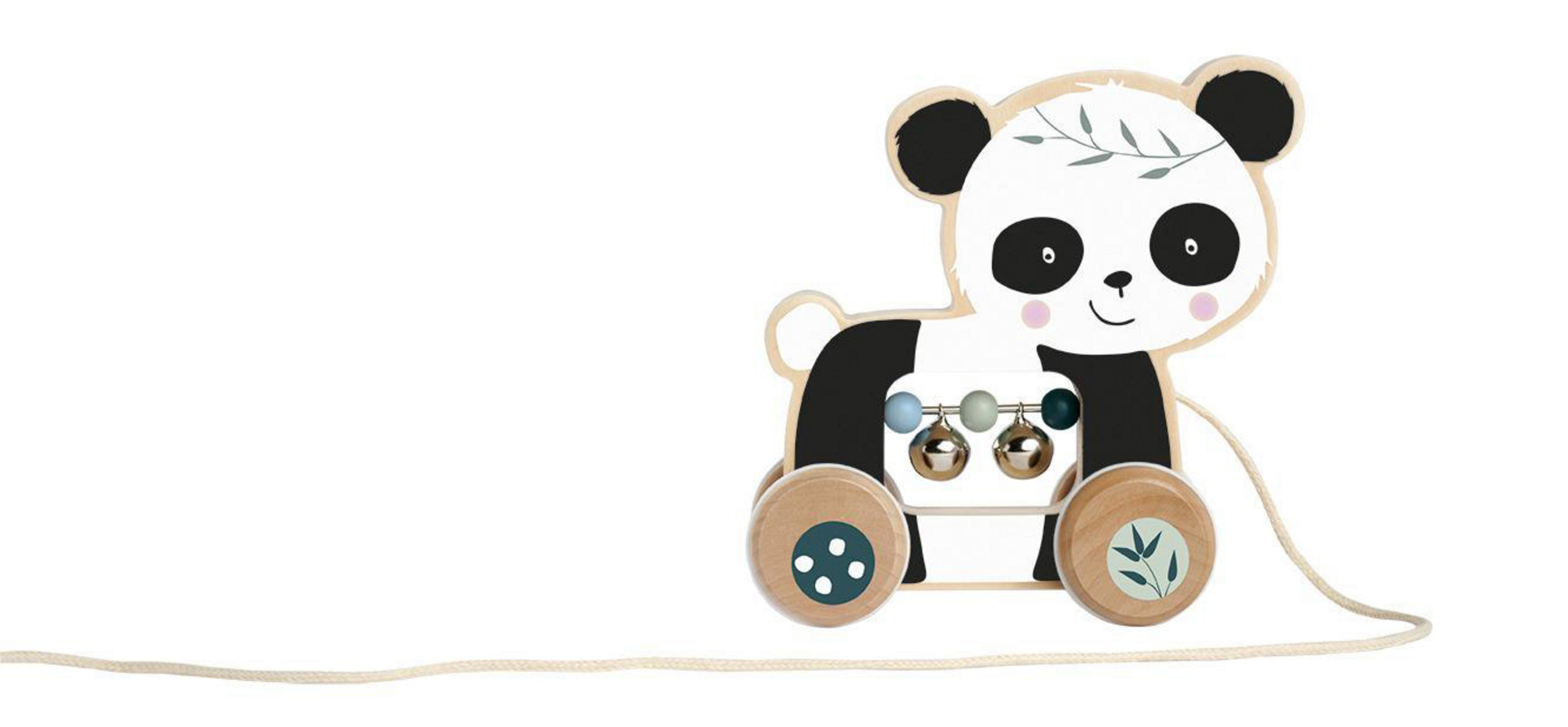 Ein Holz-Panda-Spielzeug mit Rädern und einer Schnur. Schwarz und Weiß mit Blättern.