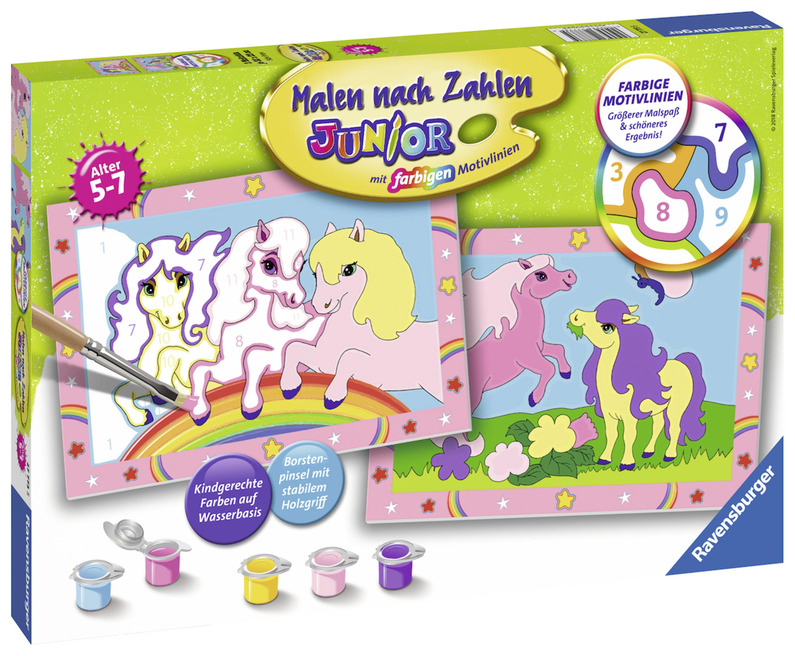 Ein Malen-nach-Zahlen-Set mit Einhorn-Bildern. Es gibt Farbtöpfe und einen Pinsel.