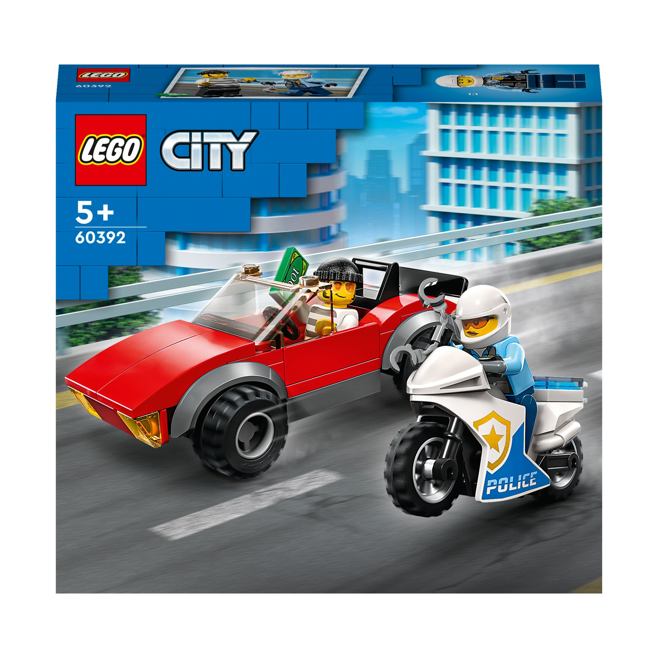 Een Lego City-set met een rode auto en een politie motor die een voertuig met een crimineel achtervolgt.