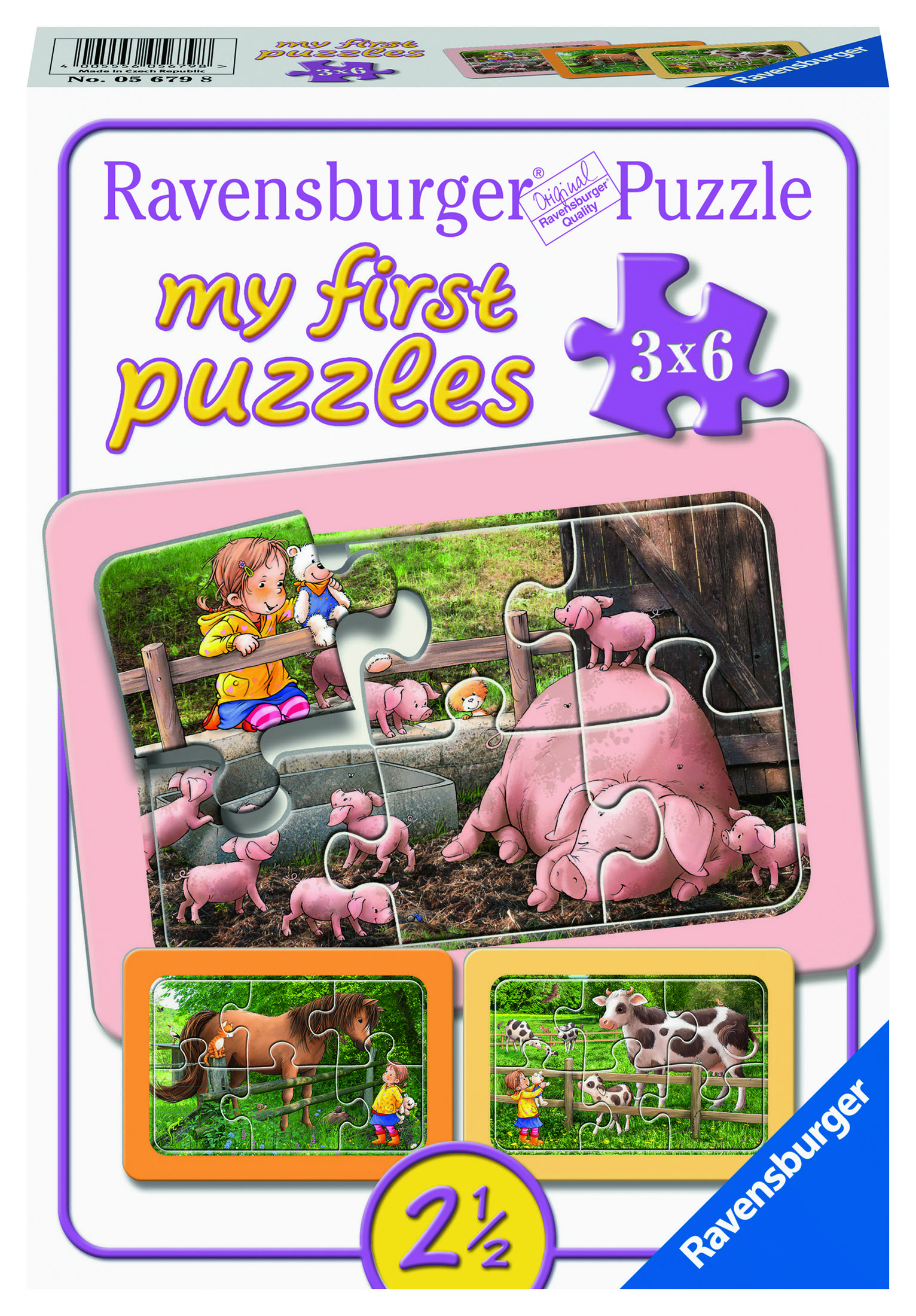 Pudełko z puzzlami z dziećmi bawiącymi się świniami i koniem na ogrodzonym terenie.