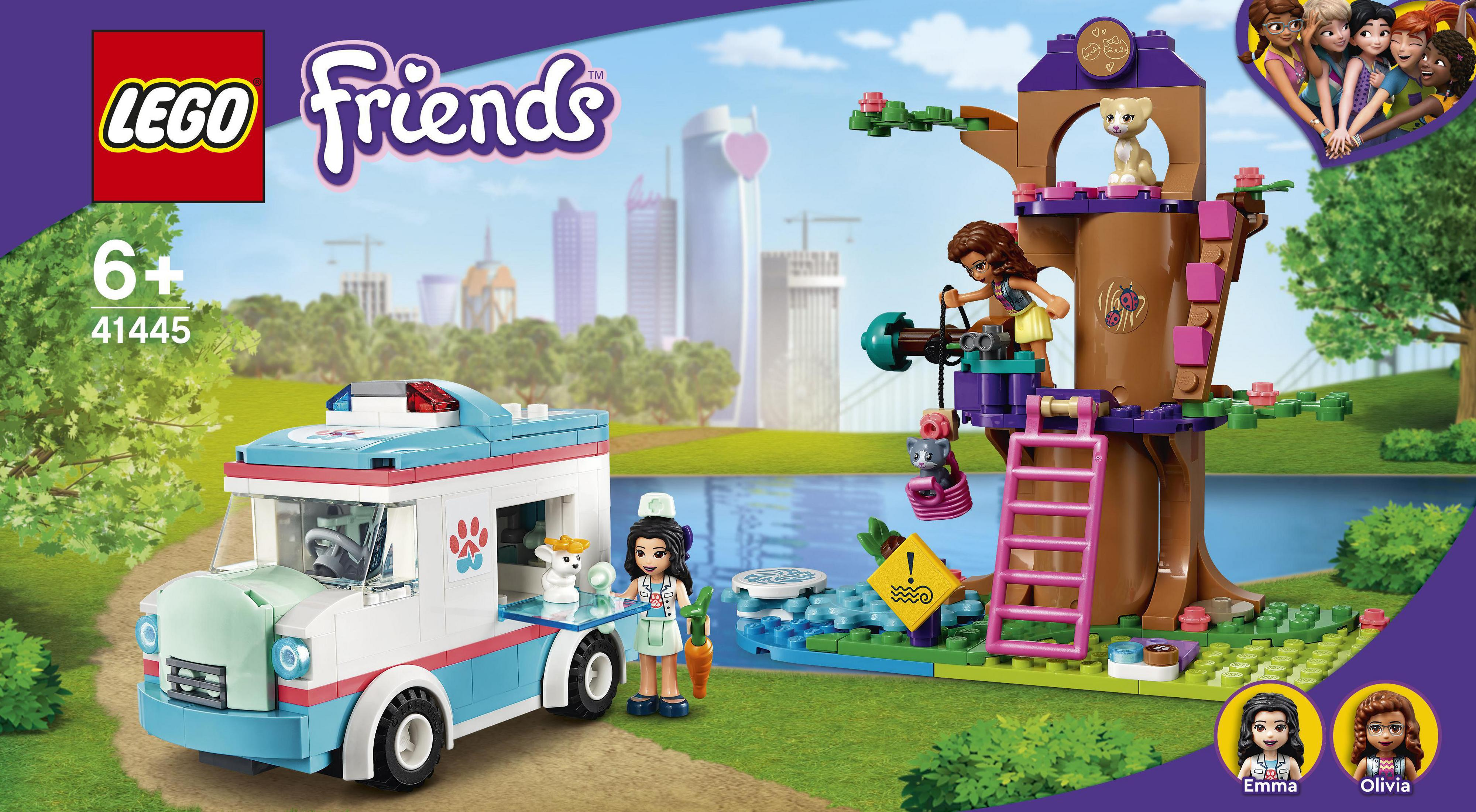 Lego Friends Set mit Tierarzt-Van und Baumhaus mit Figuren.