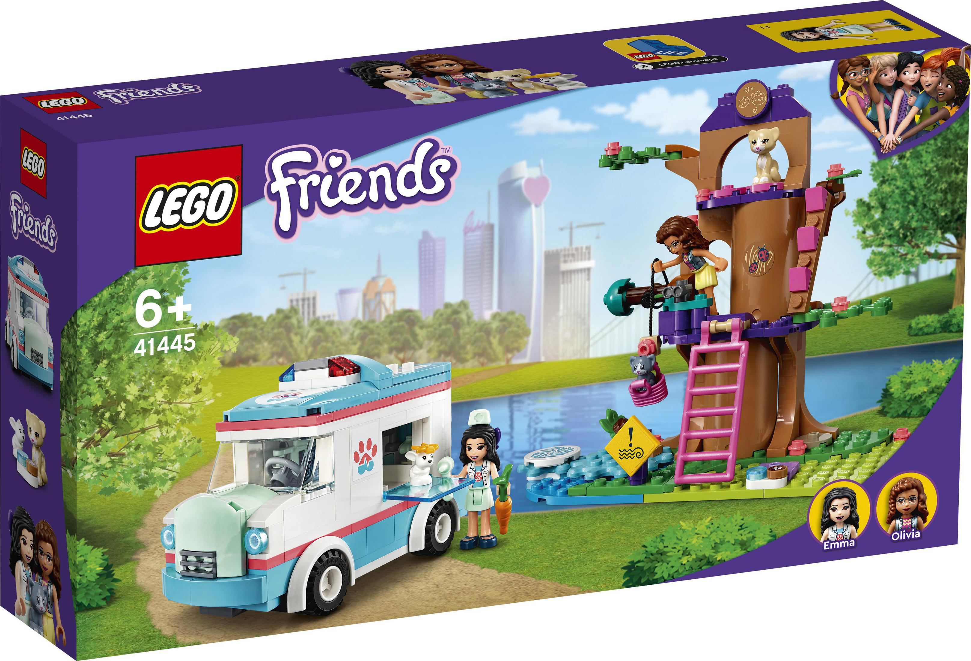 Lego Friends-Set mit Tierklinik, Transporter und Baumhaus. Weißer Hintergrund.