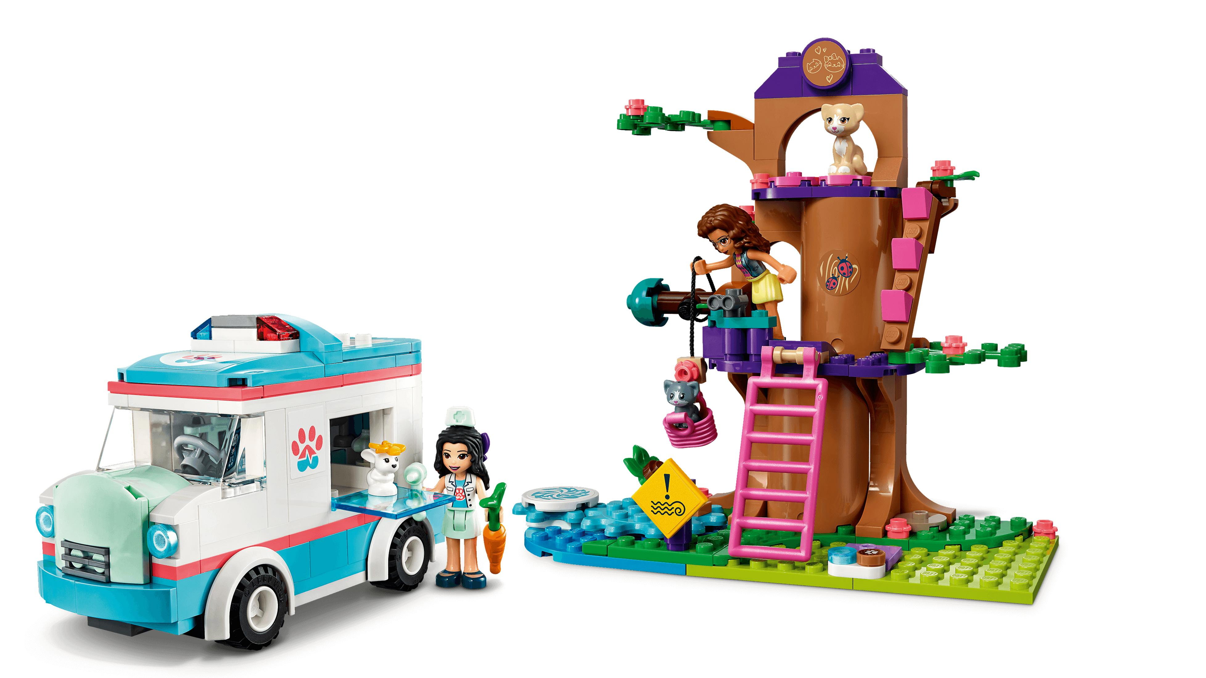 Ein Lego-Set mit einer Tierklinik und einem Baumhaus. Enthält Figuren eines Mädchens, einer Katze und eines Hundes.