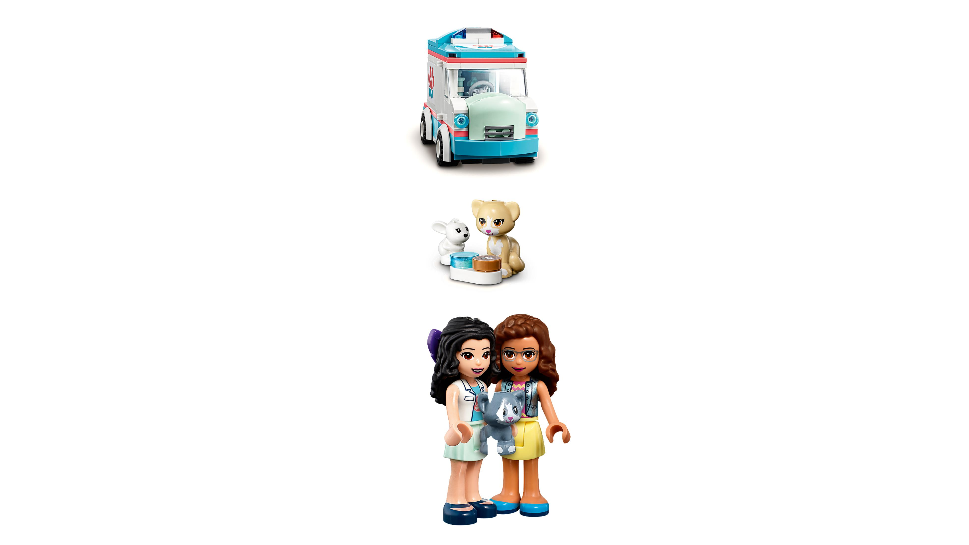 Lego Friends Set mit einem blau-weißen Eiswagen, Figuren und einer Katze.