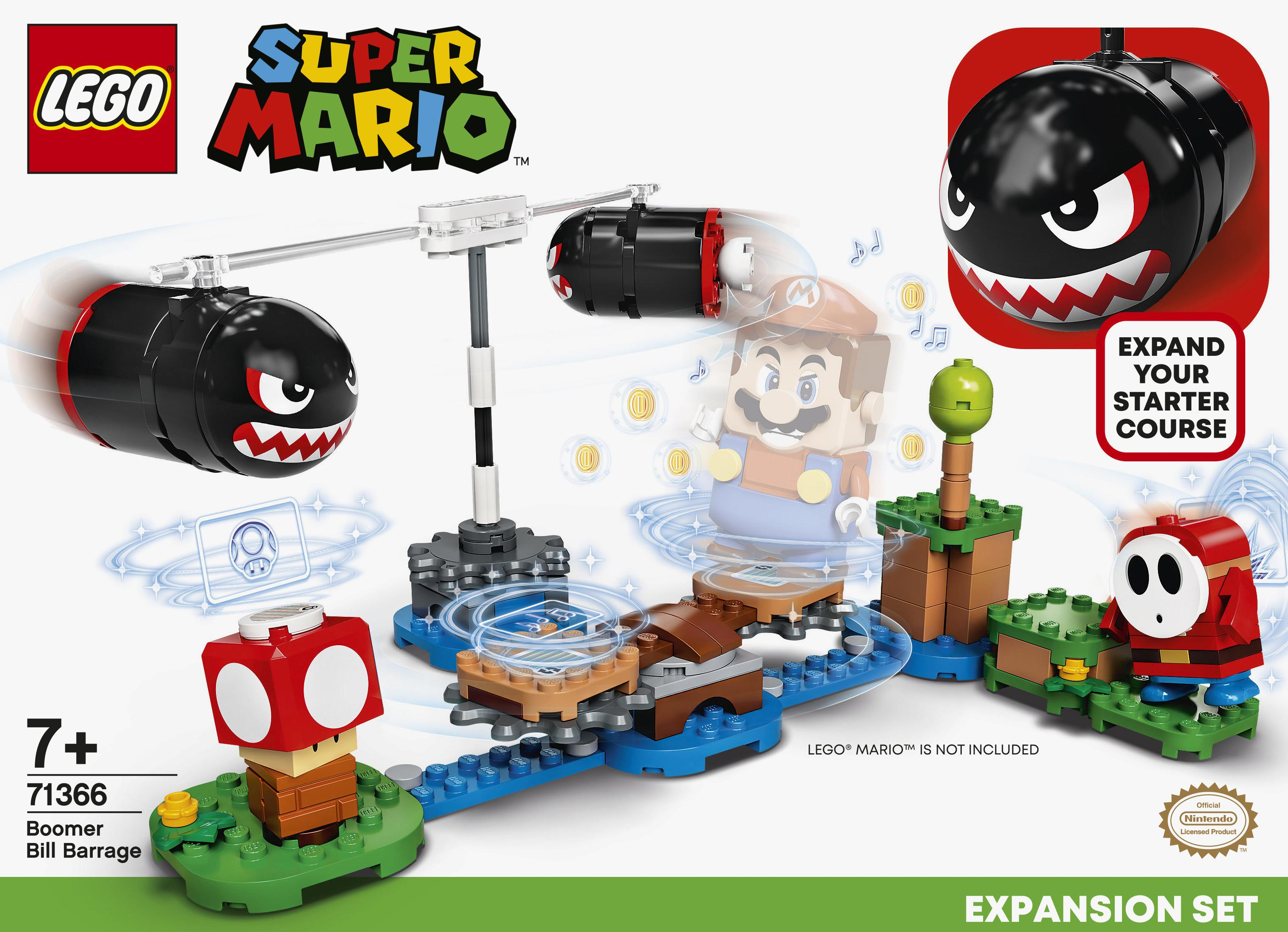 Un set Lego Super Mario mostra Mario, due Bill Blaster neri e vari elementi di gioco.