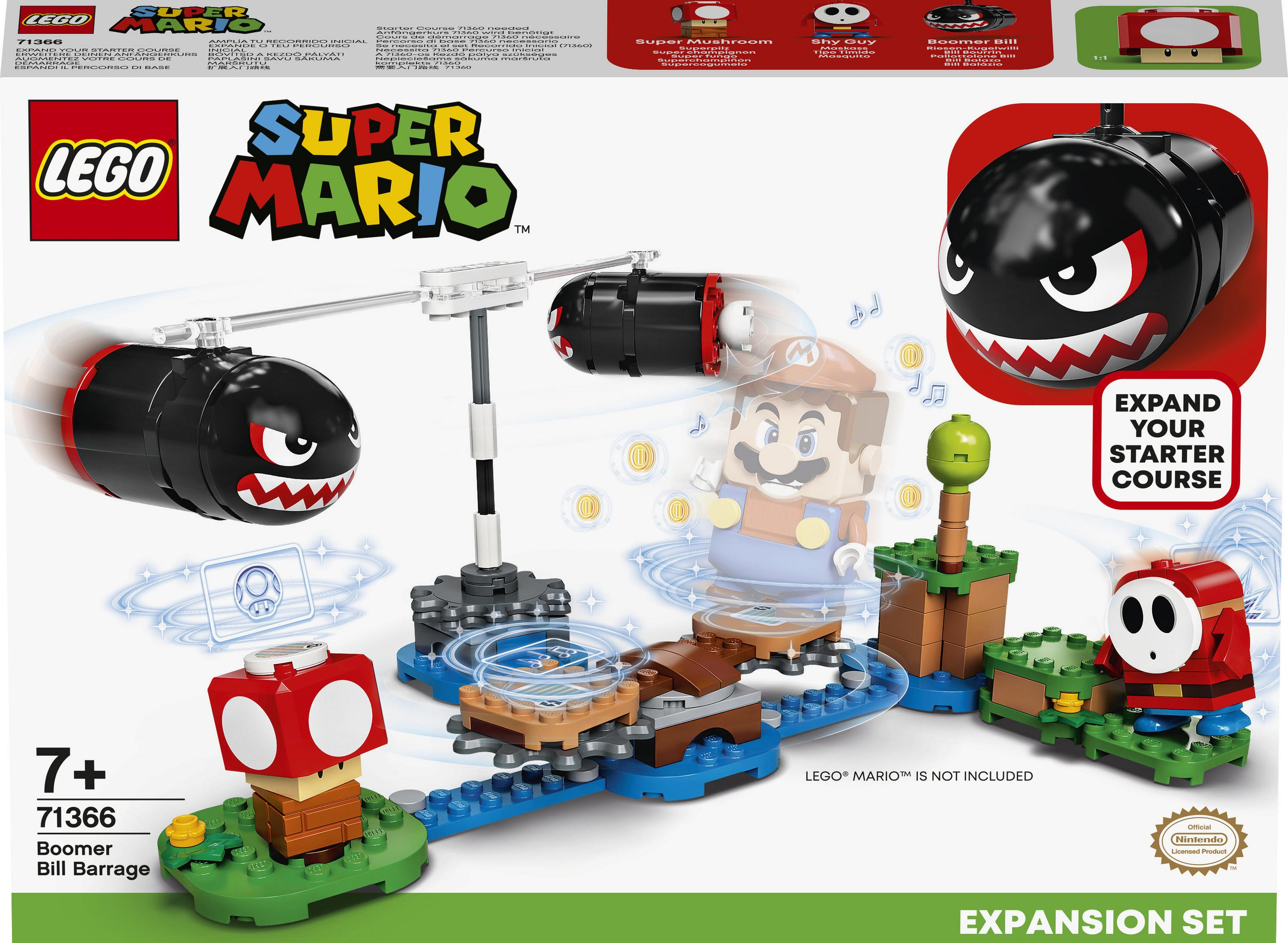 Una scatola del set LEGO Super Mario. Presenta Mario, un Boomer Bill e altri personaggi ed elementi.