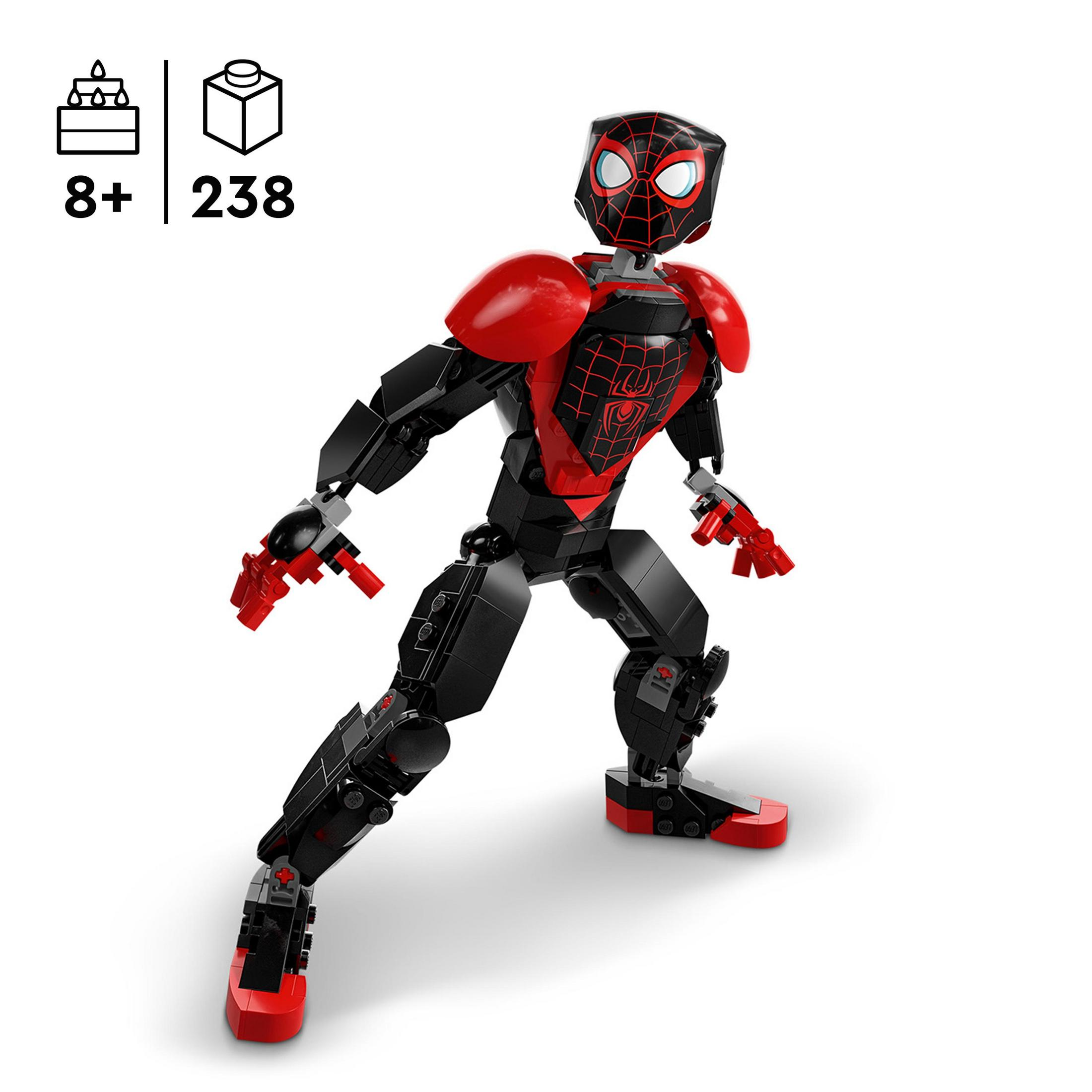 Eine Lego Miles Morales Figur in einem schwarz-roten Anzug, in dynamischer Pose.