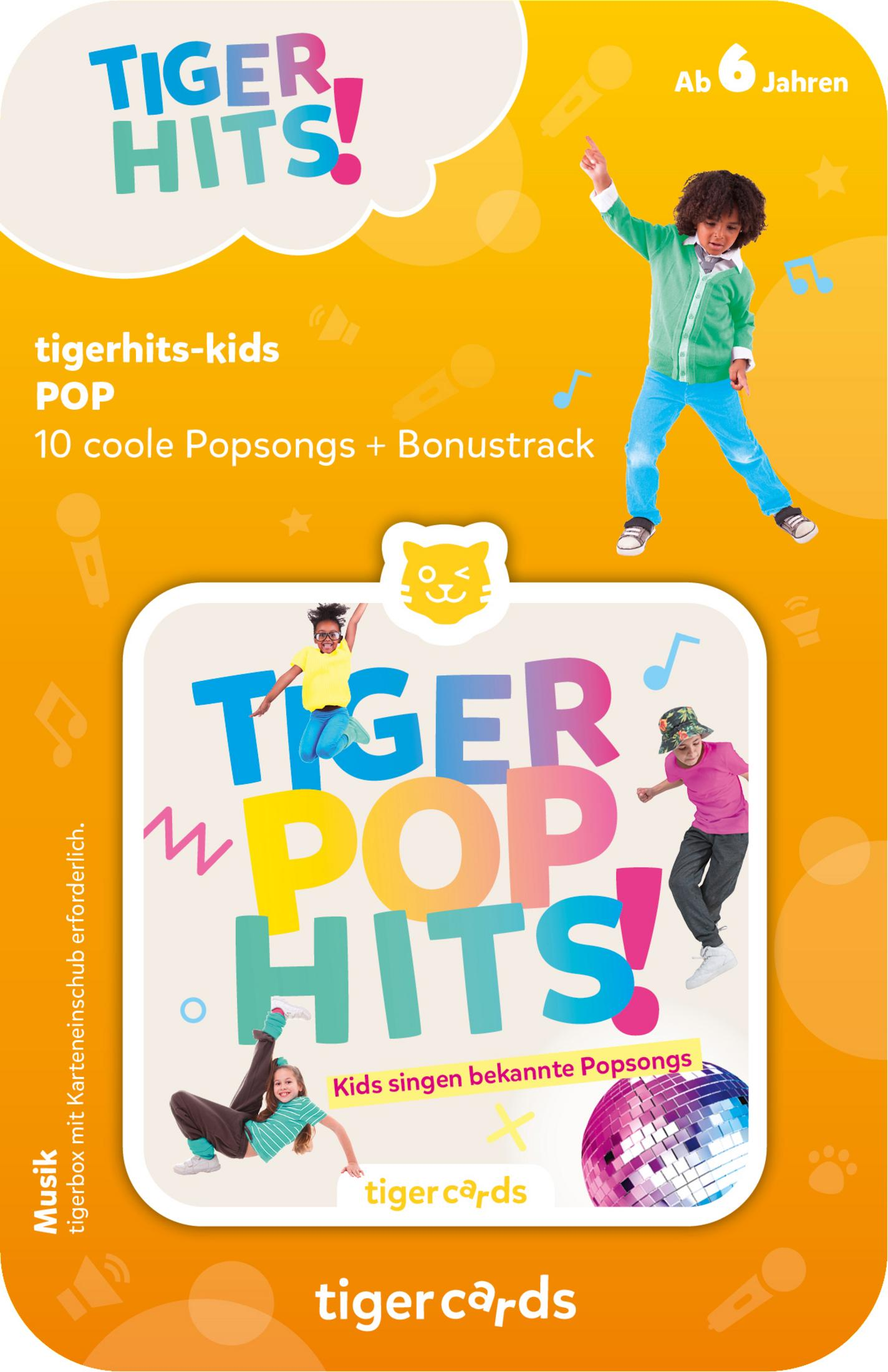 Eine Tiger Cards Pop Hits Karte. Sie hat Bilder von singenden und tanzenden Kindern, sowie eine Discokugel und eine Musiknote.