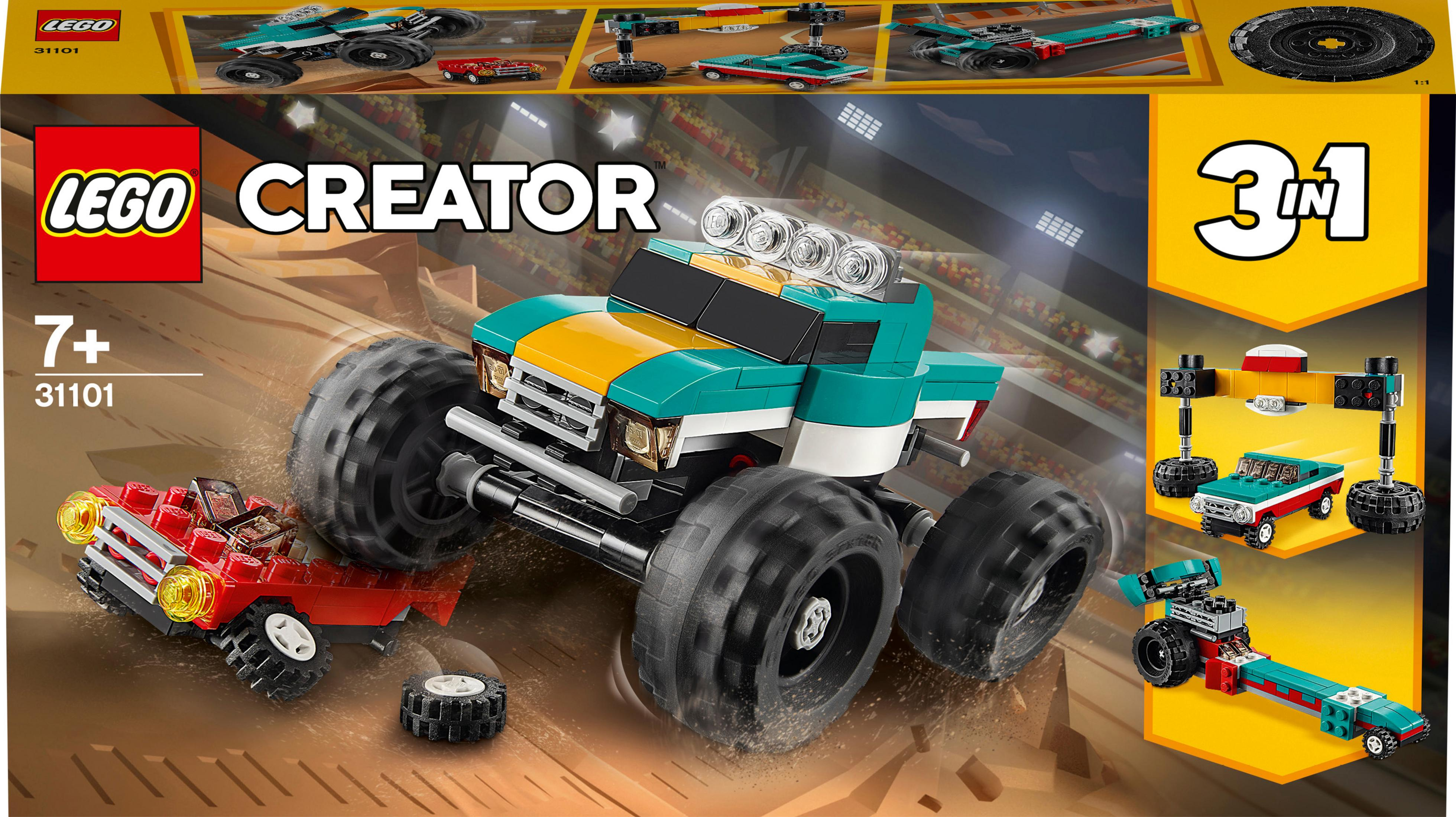 Ein Lego Creator 3in1 Set mit einem Monstertruck, einem roten Auto und anderen Elementen.