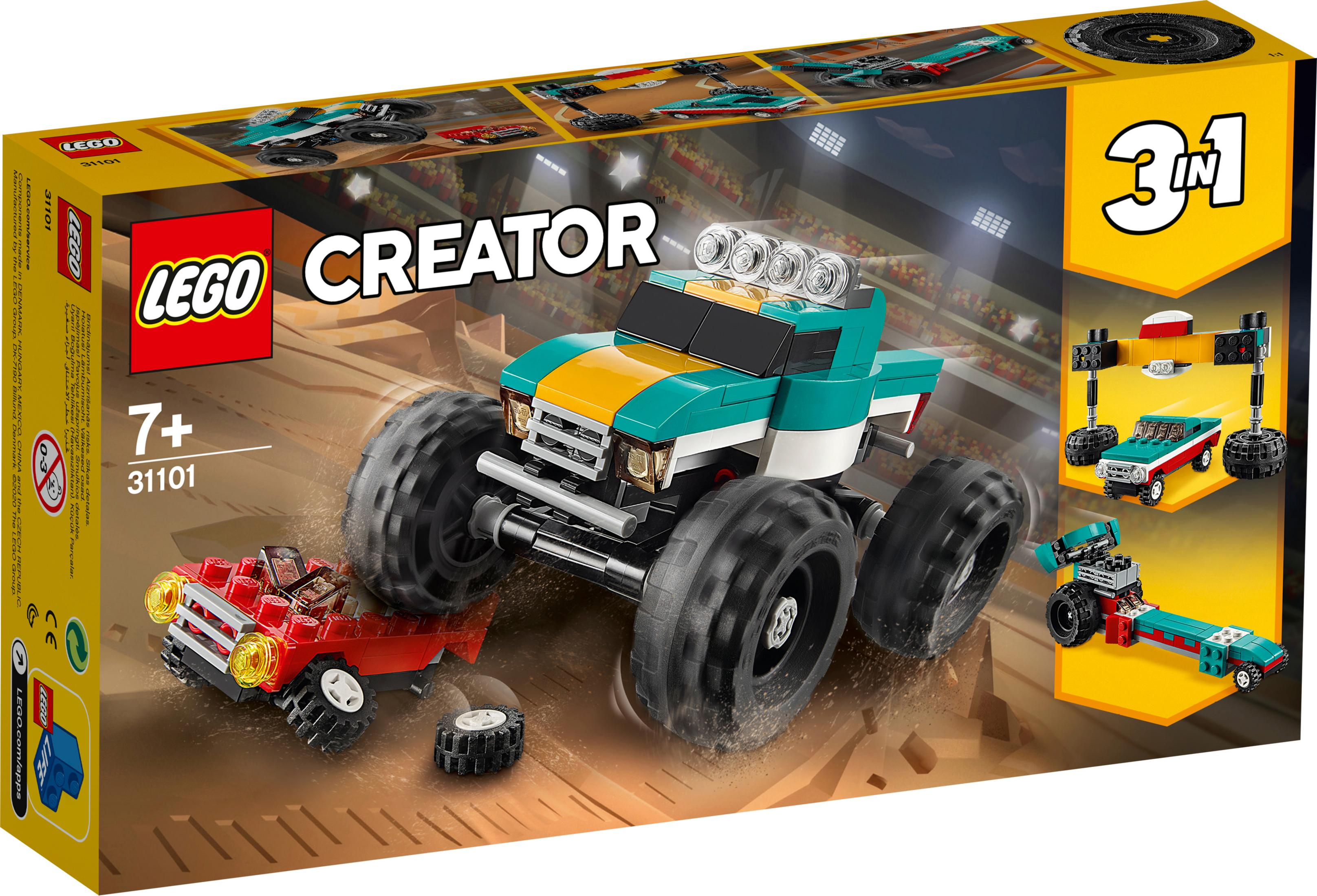 Lego Creator Monster Truck Set Box mit einem roten Auto und einem Monster Truck.
