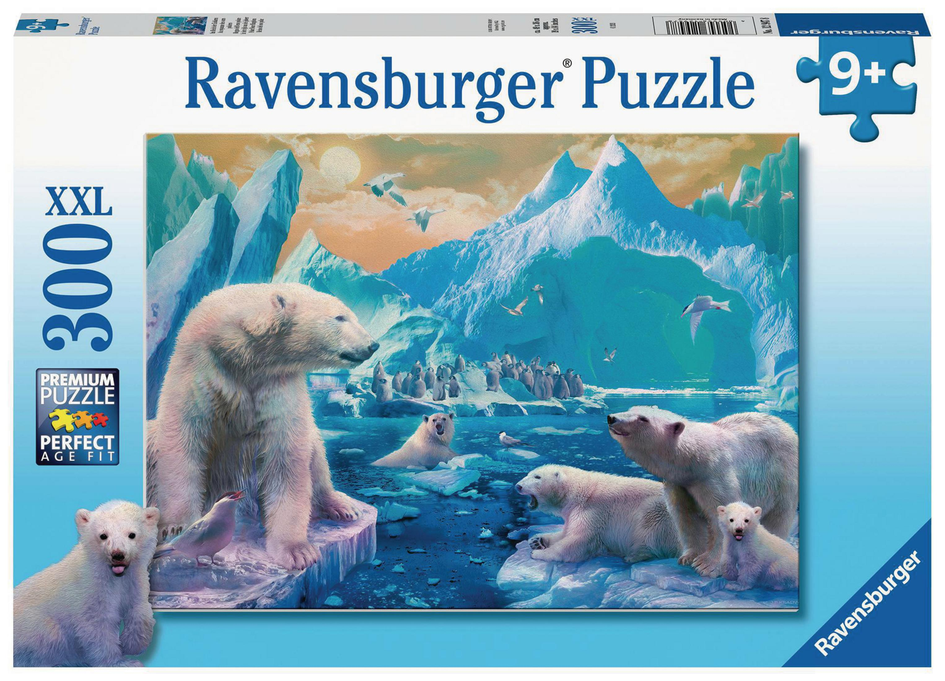 Pudełko z puzzlami Ravensburger. Przedstawia niedźwiedzie polarne na lodzie w pobliżu gór i kolonię pingwinów w tle.