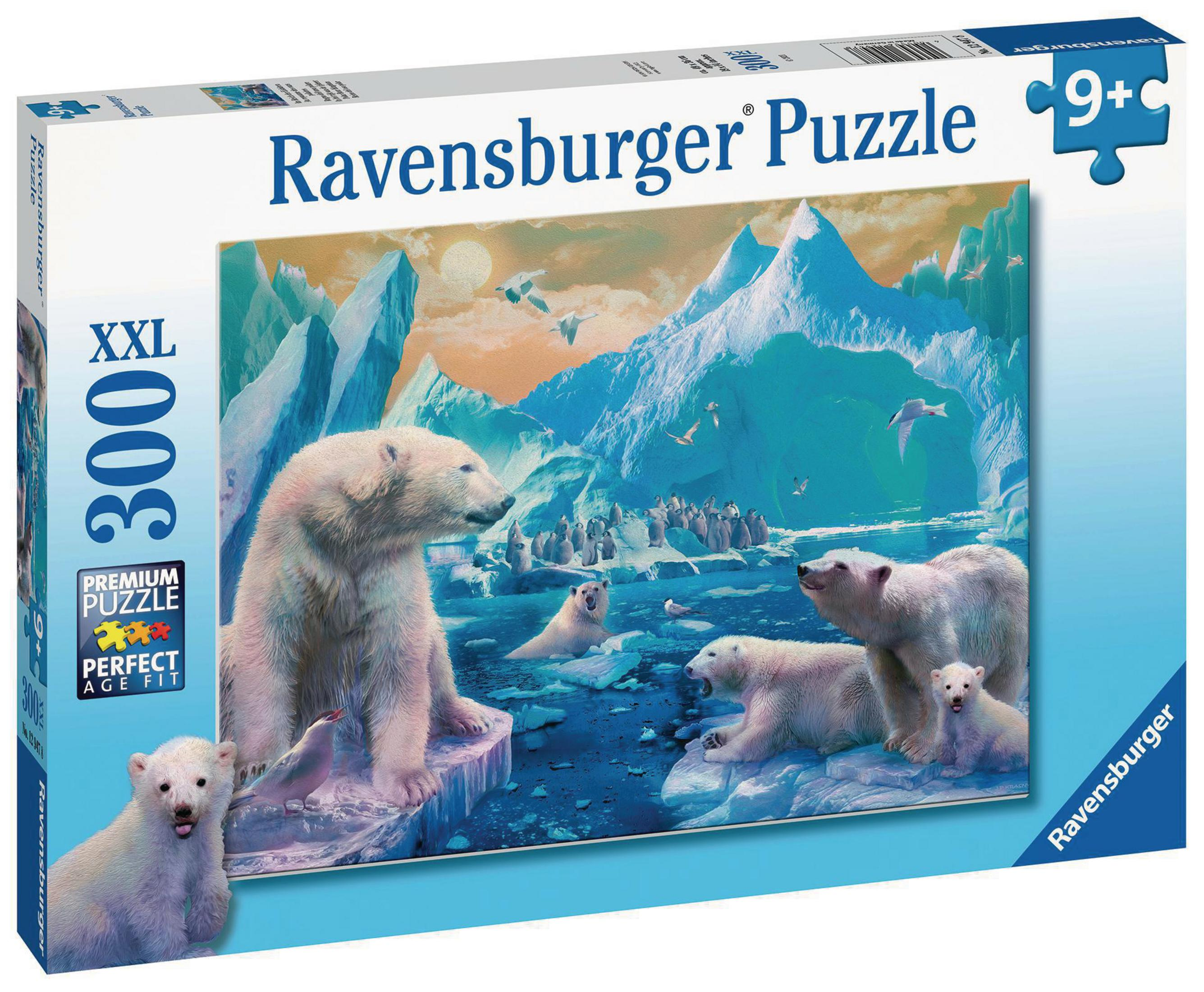 Pudełko z puzzlami przedstawiającymi niedźwiedzie polarne na górze lodowej, z zaśnieżonym krajobrazem i pingwinami.